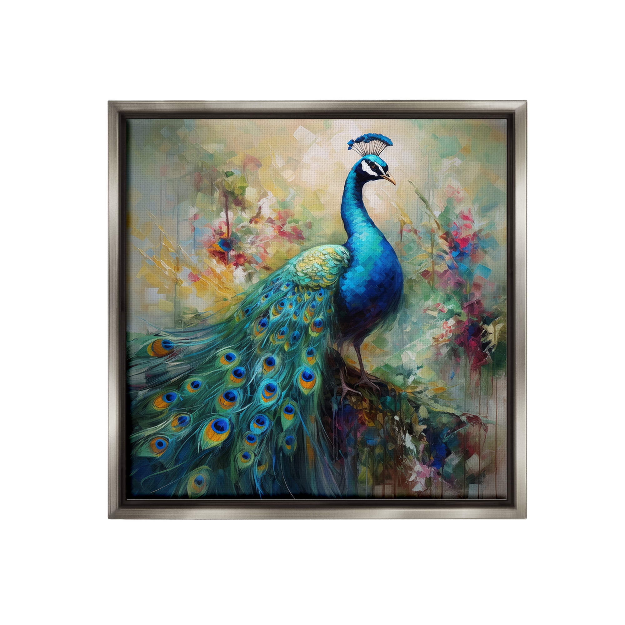 Stupell Industries Floral Peacock Pattern Animals & Insects Painting Gray Floater Framed Canvas Art Print Wall Art, 18 x 18