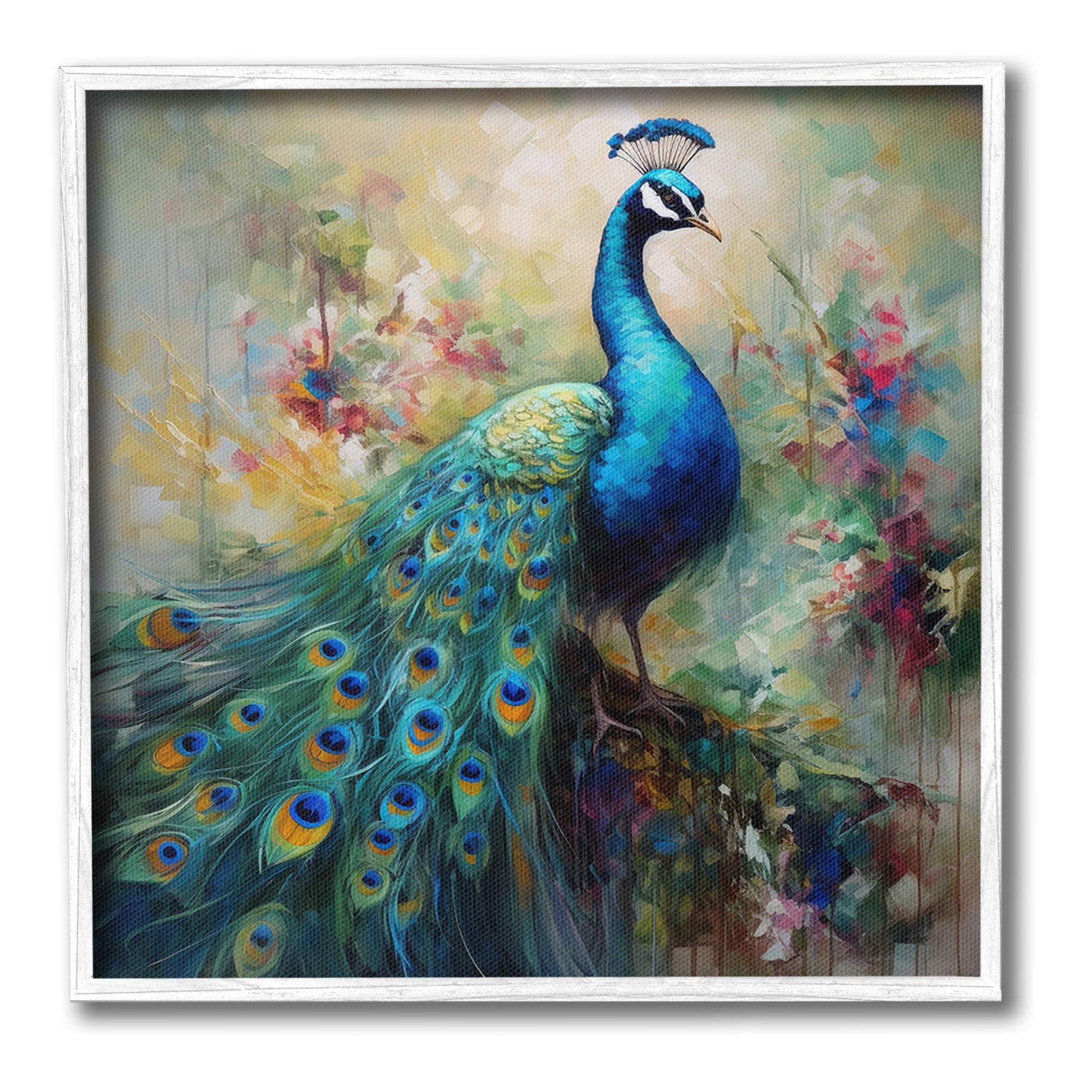 Stupell Industries Floral Peacock Pattern Animals & Insects Painting White Framed Art Print Wall Art, 24 x 24