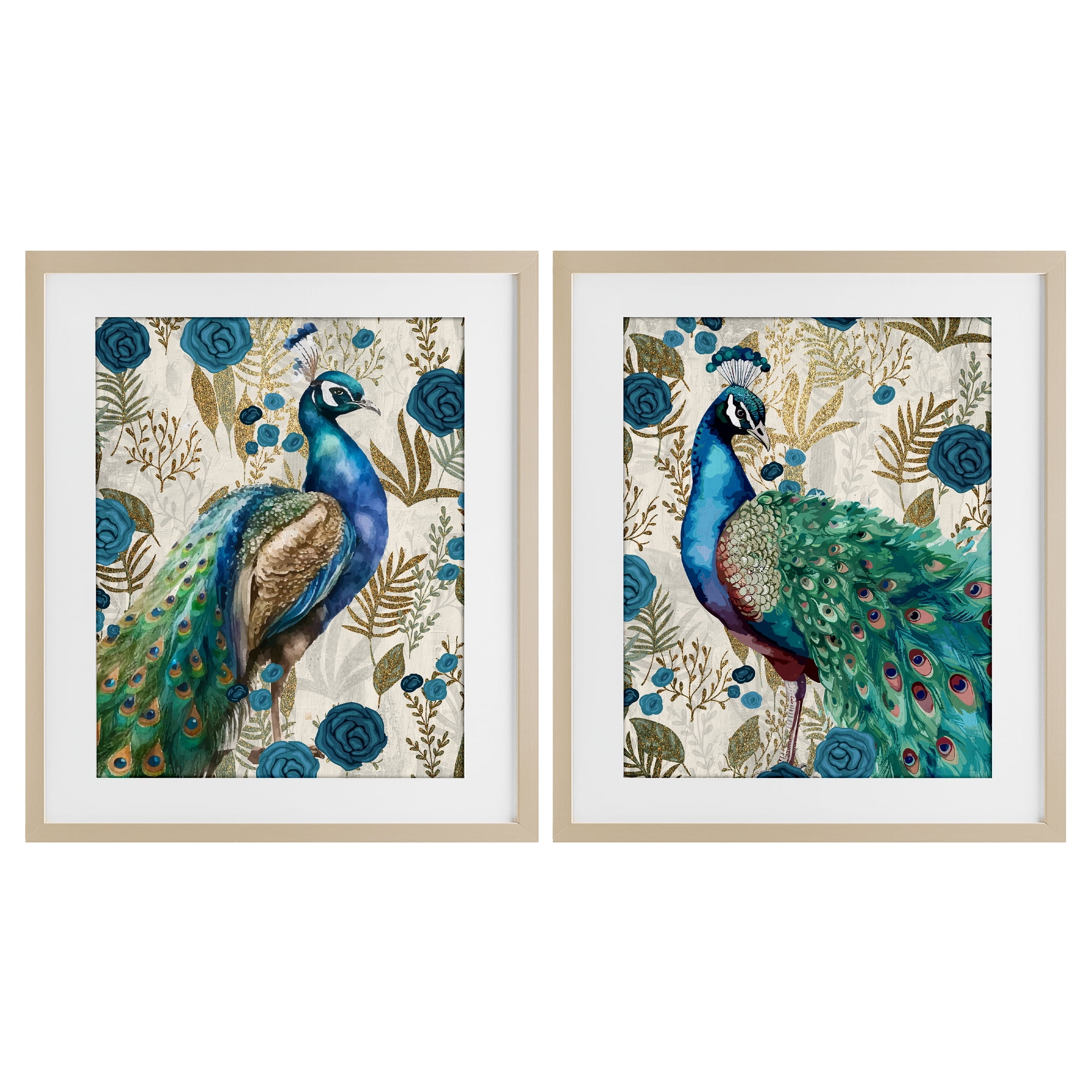 Stupell Industries Floral Peacock Pride 2 Piece Birch Framed Print Under Glass Set, design by Kim Allen