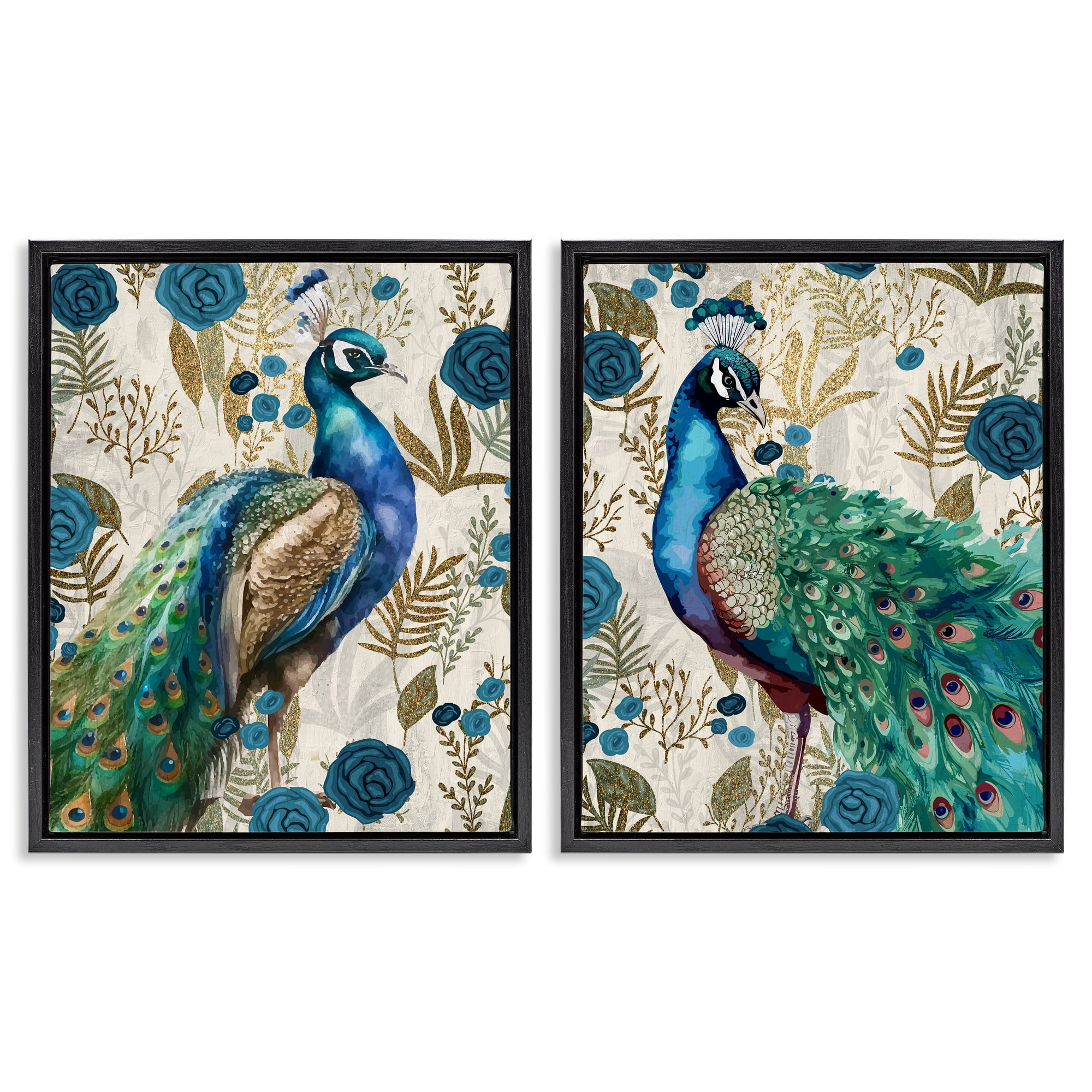 Stupell Industries Floral Peacock Pride 2 Piece Black Framed Floater Canvas Set, design by Kim Allen