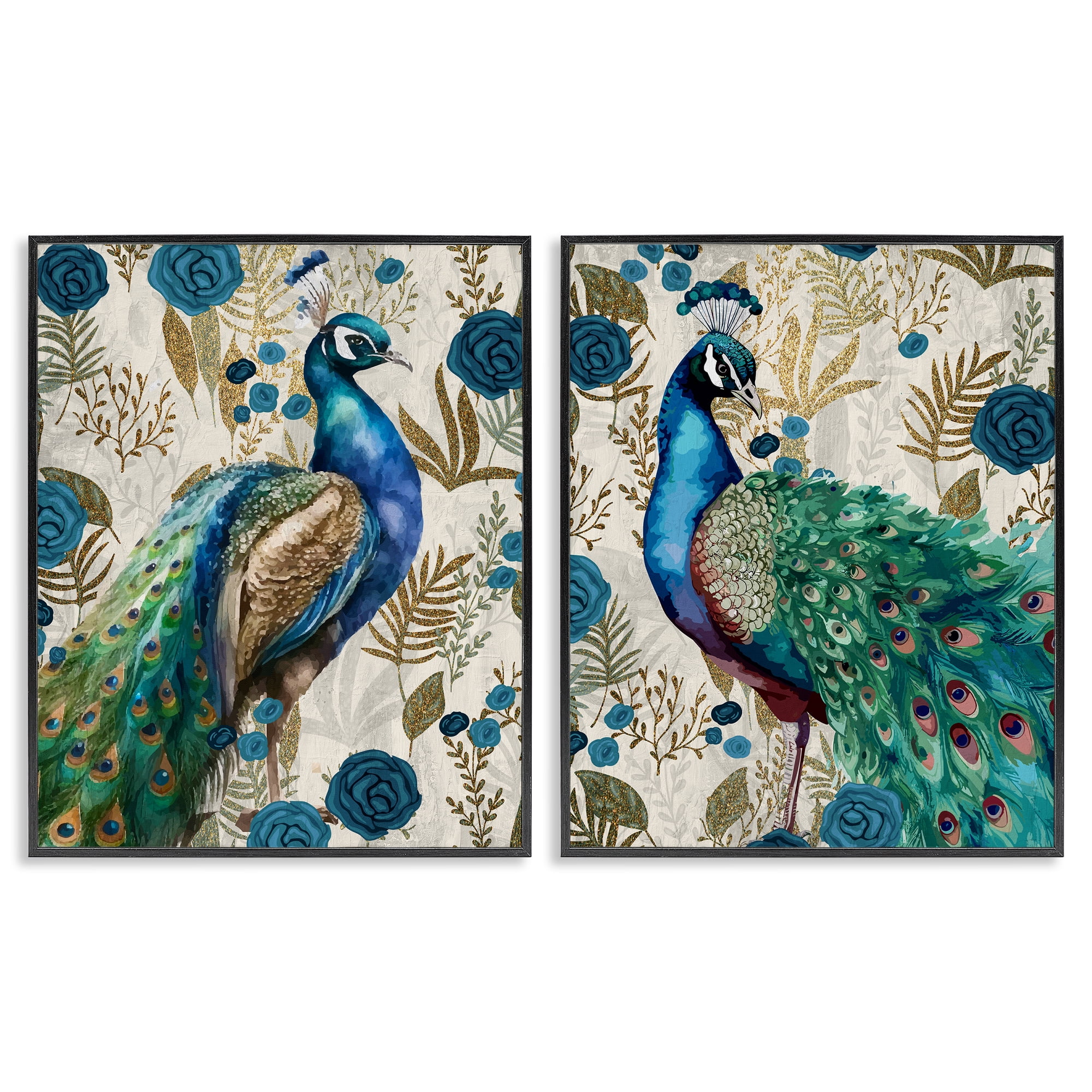 Stupell Industries Floral Peacock Pride 2 Piece Black Framed Giclee Art Set, design by Kim Allen