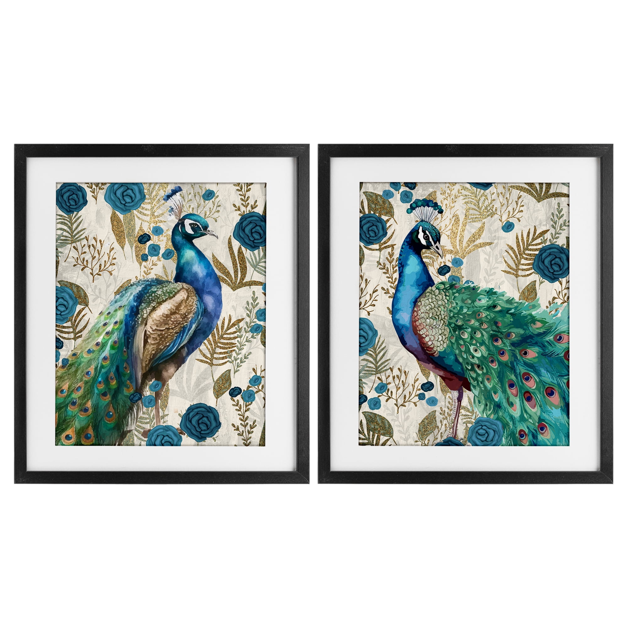 Stupell Industries Floral Peacock Pride 2 Piece Black Framed Print Under Glass Set, design by Kim Allen