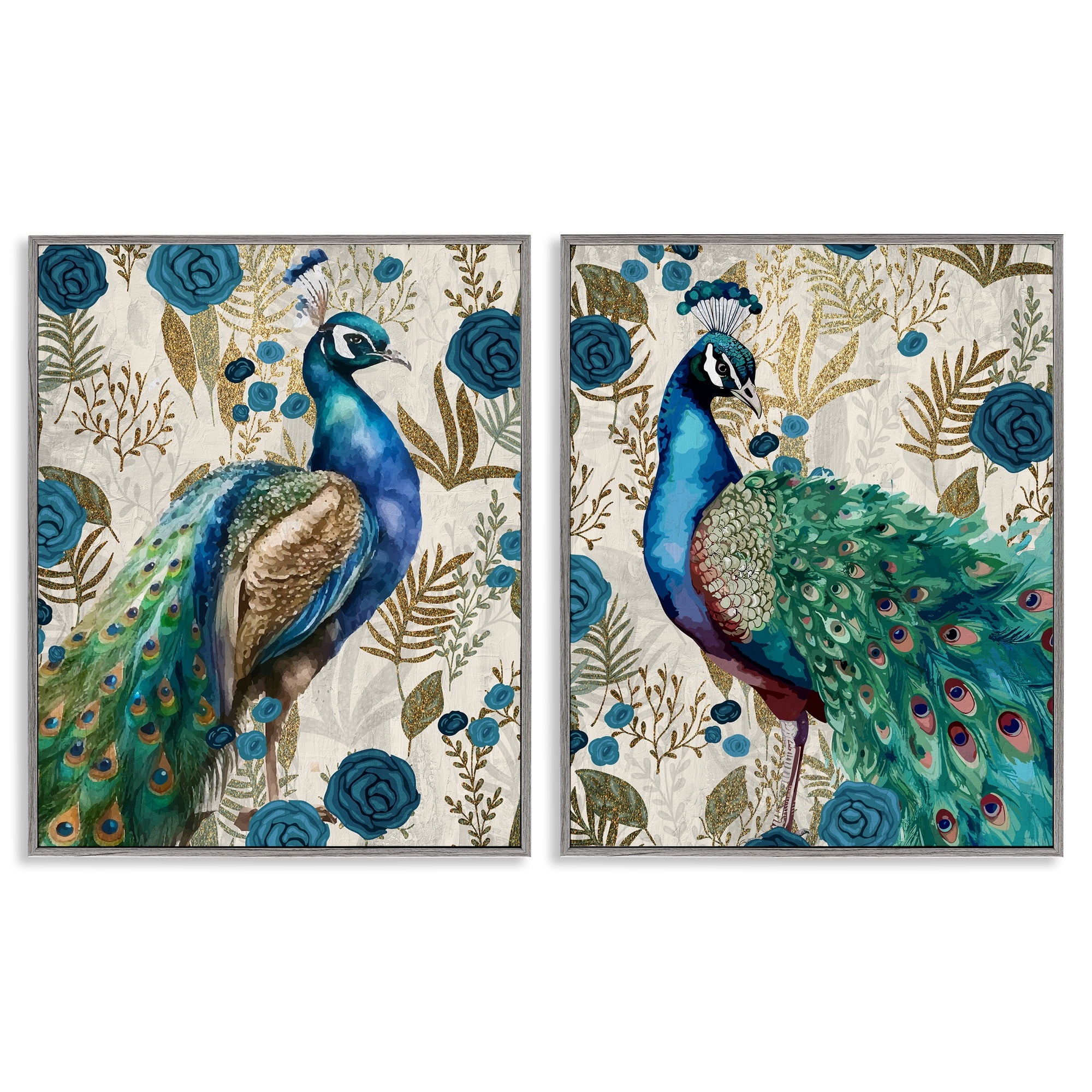 Stupell Industries Floral Peacock Pride 2 Piece Gray Framed Giclee Art Set, design by Kim Allen