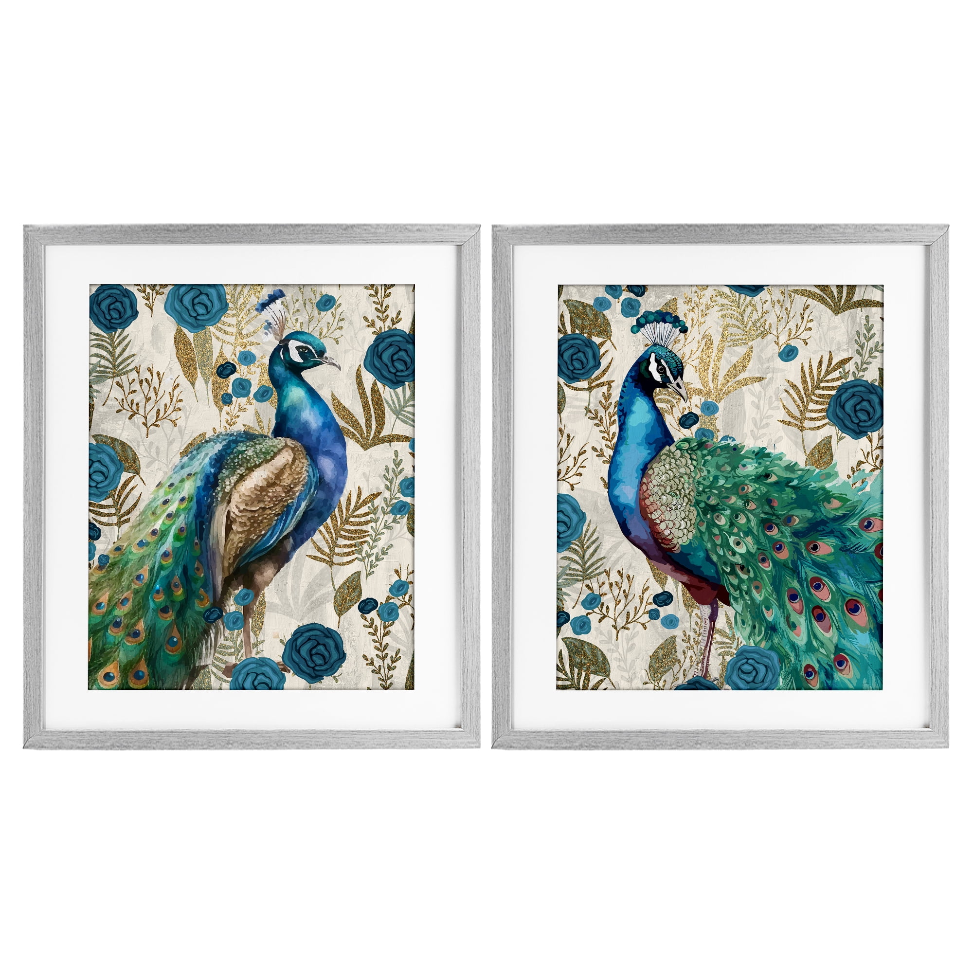 Stupell Industries Floral Peacock Pride 2 Piece Gray Framed Print Under Glass Set, design by Kim Allen