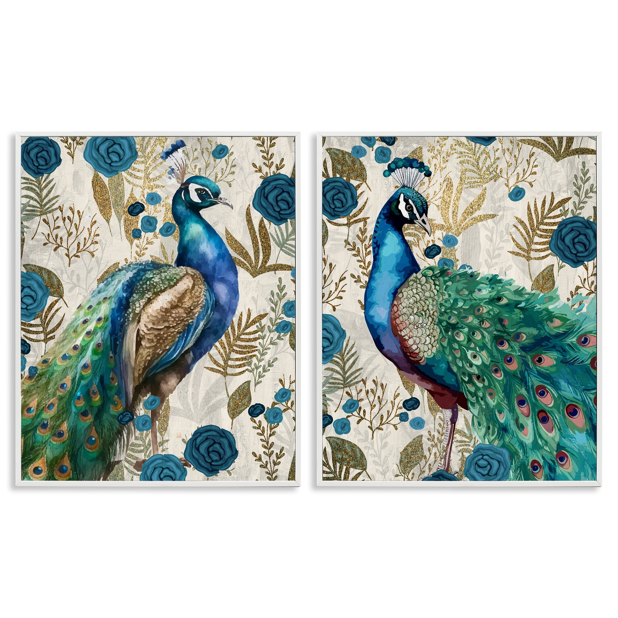 Stupell Industries Floral Peacock Pride 2 Piece White Framed Giclee Art Set, design by Kim Allen