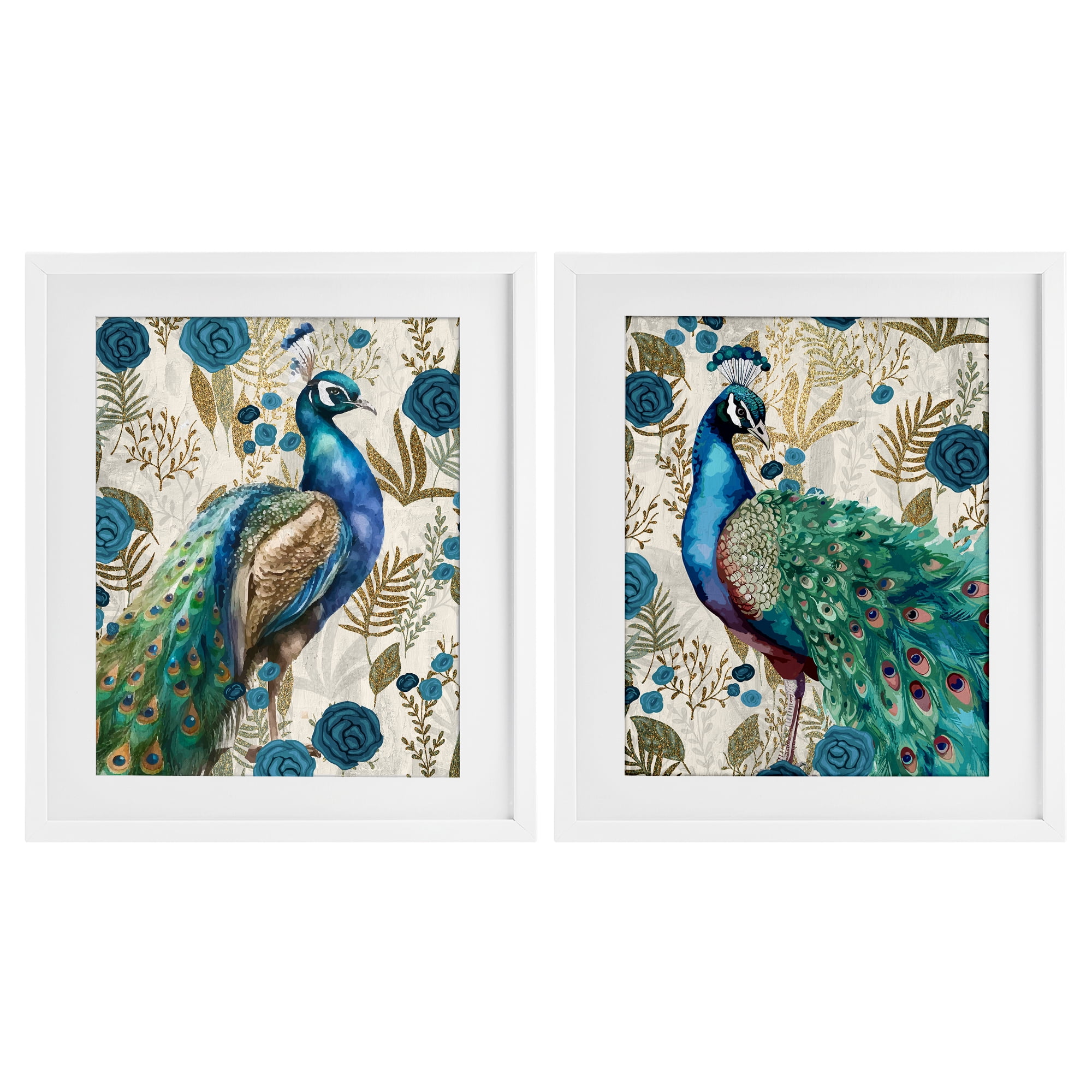 Stupell Industries Floral Peacock Pride 2 Piece White Framed Print Under Glass Set, design by Kim Allen