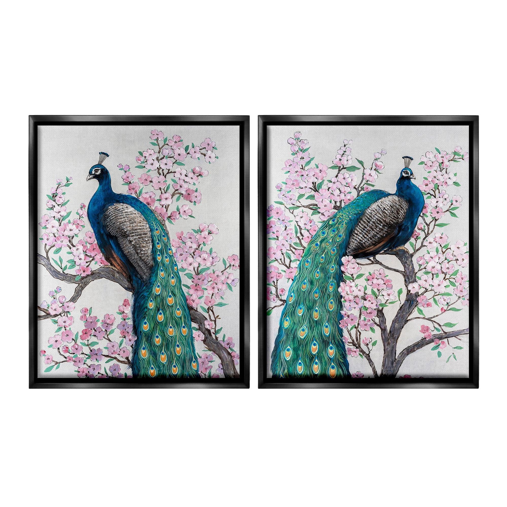 Stupell Industries Floral Peacocks Perched Animals & Insects Painting Black Floater Framed Canvas Art Print Wall Art, 17 x 21, Set of 2