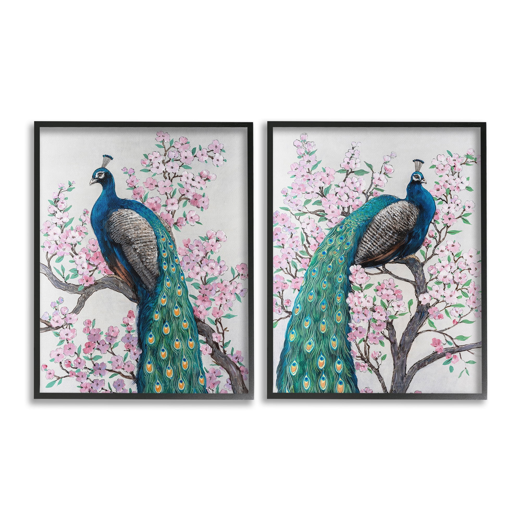 Stupell Industries Floral Peacocks Perched Animals & Insects Painting Black Framed Art Print Wall Art, 11 x 14, Set of 2