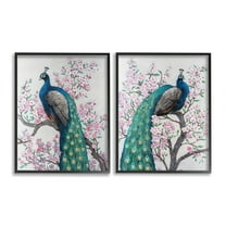 Stupell Industries Floral Peacocks Perched Animals & Insects Painting Black Framed Art Print Wall Art, 11 x 14, Set of 2