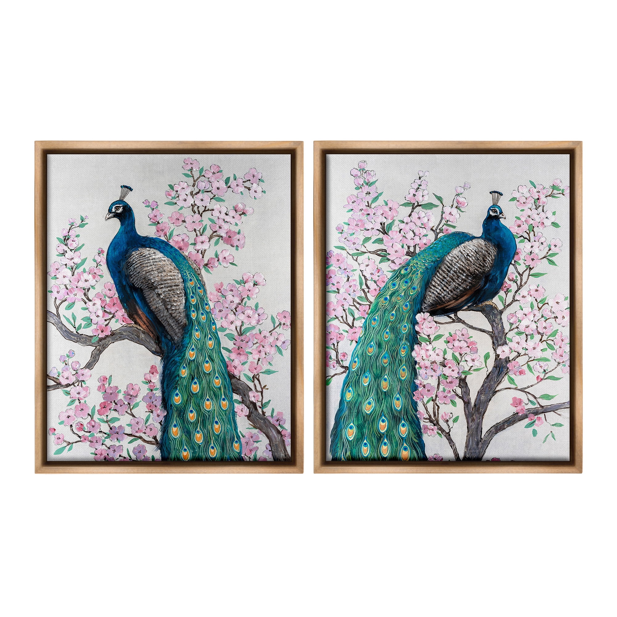 Stupell Industries Floral Peacocks Perched Animals & Insects Painting Brown Floater Framed Canvas Art Print Wall Art, 17 x 21, Set of 2