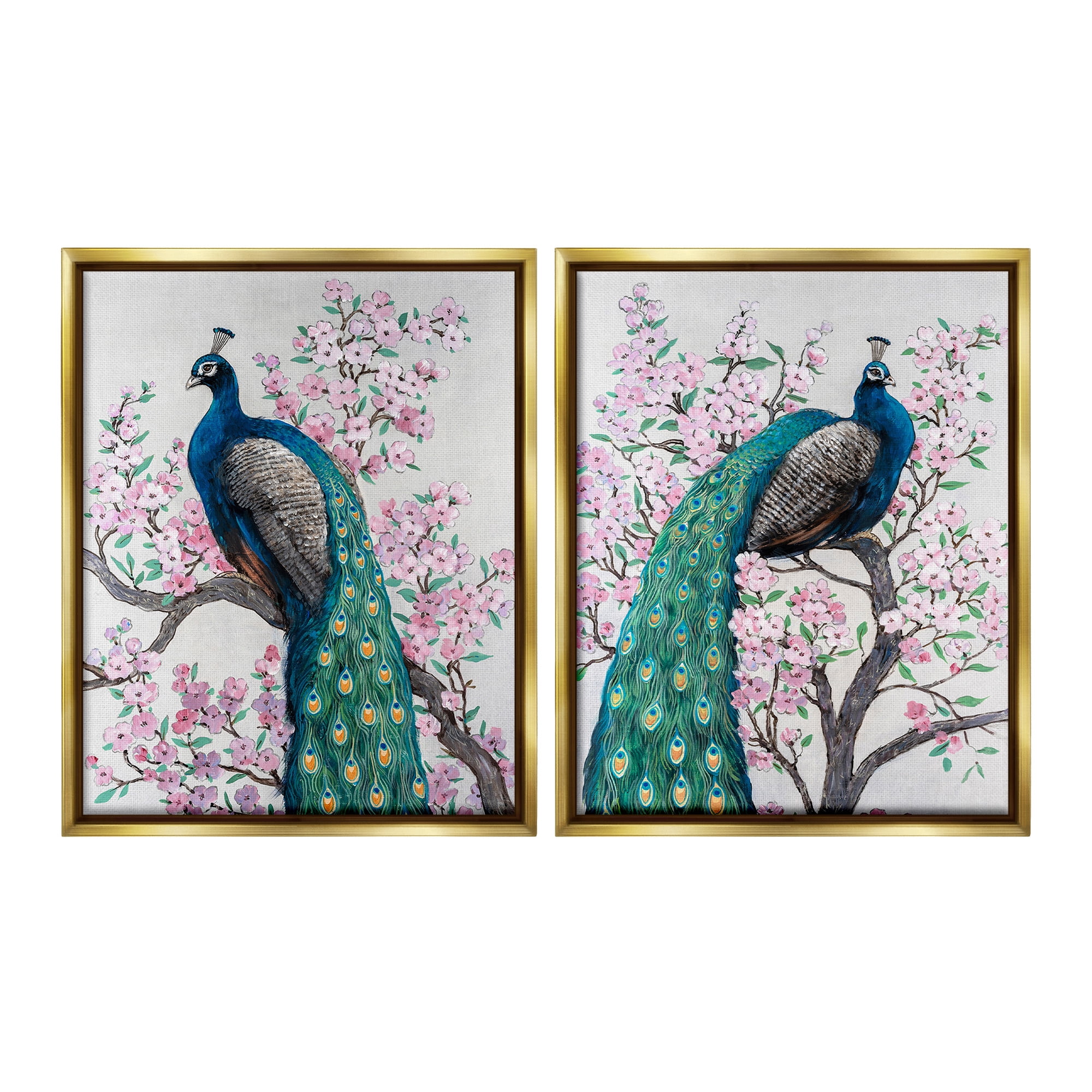 Stupell Industries Floral Peacocks Perched Animals & Insects Painting Gold Floater Framed Canvas Art Print Wall Art, 17 x 21, Set of 2