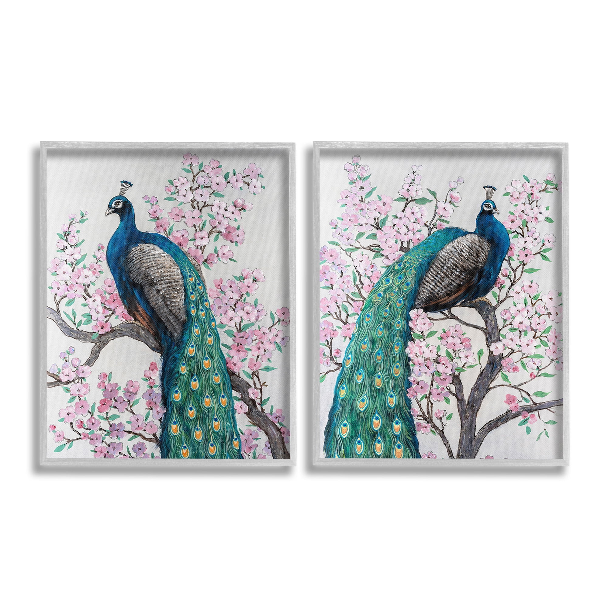 Stupell Industries Floral Peacocks Perched Animals & Insects Painting Gray Framed Art Print Wall Art, 11 x 14, Set of 2