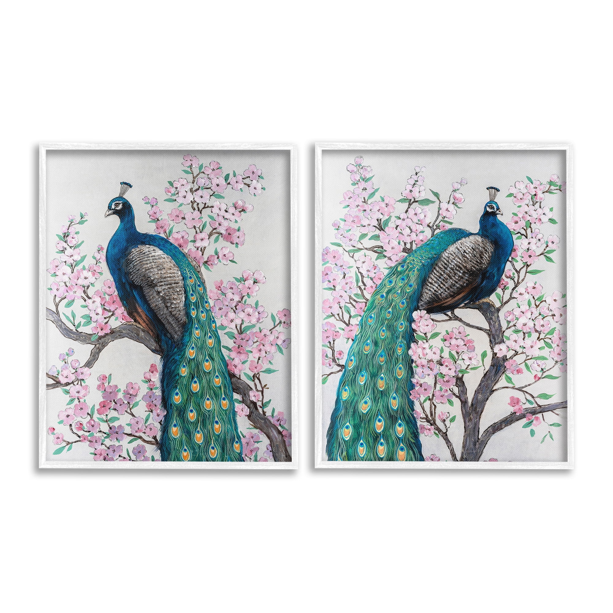 Stupell Industries Floral Peacocks Perched Animals & Insects Painting White Framed Art Print Wall Art, 16 x 20, Set of 2