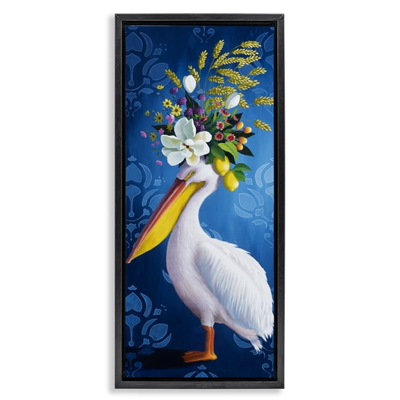 Stupell Industries Floral Pelican over Damask Animals Painting Black Floater Framed Canvas Art Print Wall Art, 15 x 31