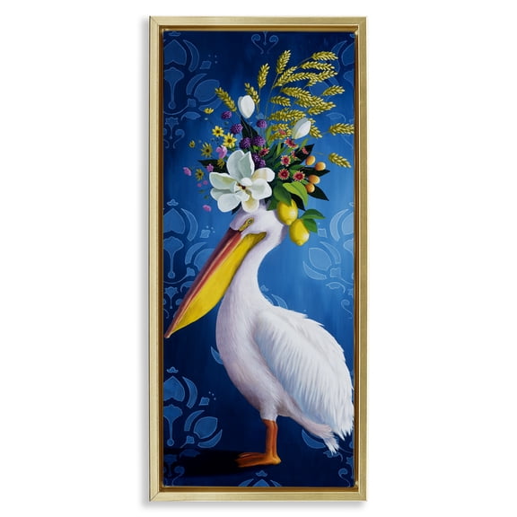 Stupell Industries Floral Pelican over Damask Animals Painting Gold Floater Framed Canvas Art Print Wall Art, 15 x 31