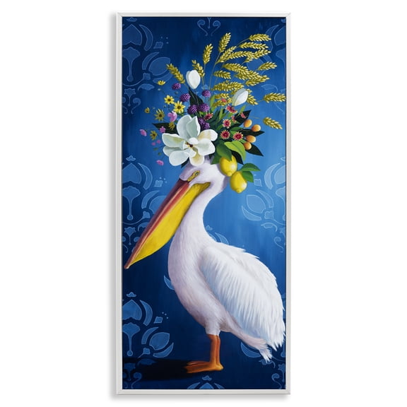 Stupell Industries Floral Pelican over Damask Animals Painting White Framed Art Print Wall Art, 10 x 24