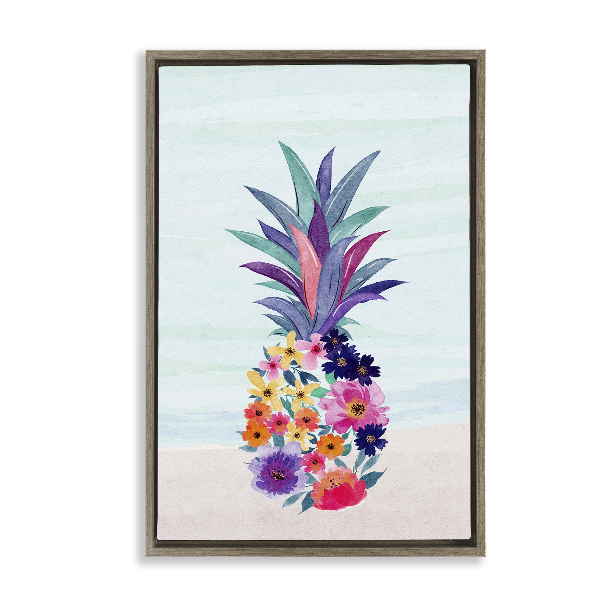 Stupell Industries Floral Pineapple Beach Plants & Flowers Painting Brown Floater Framed Canvas Art Print Wall Art, 17 x 25