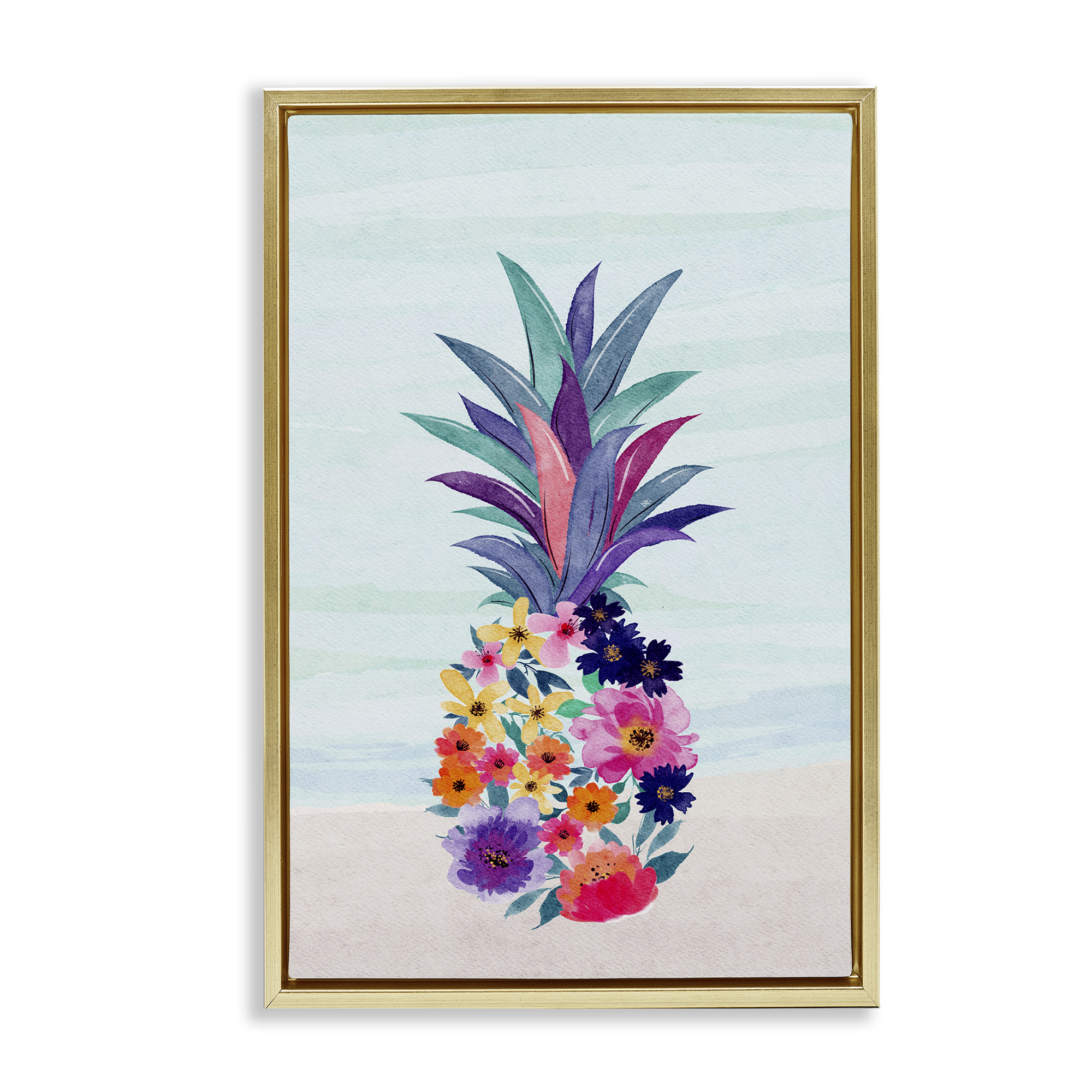 Stupell Industries Floral Pineapple Beach Plants & Flowers Painting Gold Floater Framed Canvas Art Print Wall Art, 21 x 31