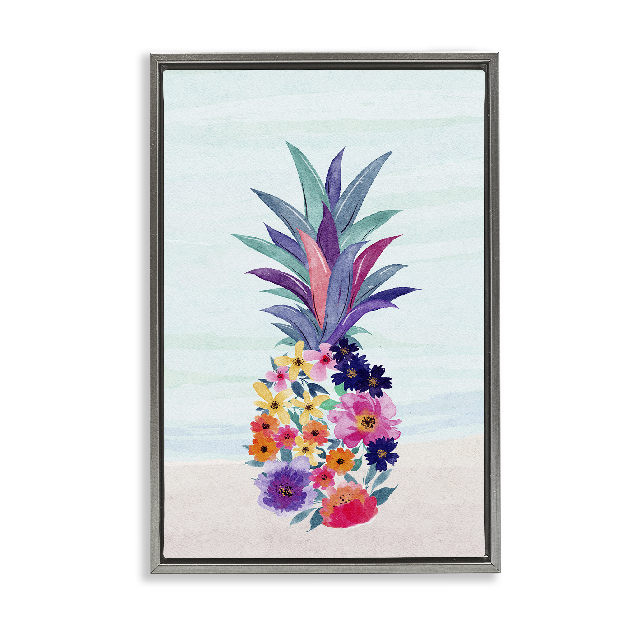 Stupell Industries Floral Pineapple Beach Plants & Flowers Painting Gray Floater Framed Canvas Art Print Wall Art, 17 x 25