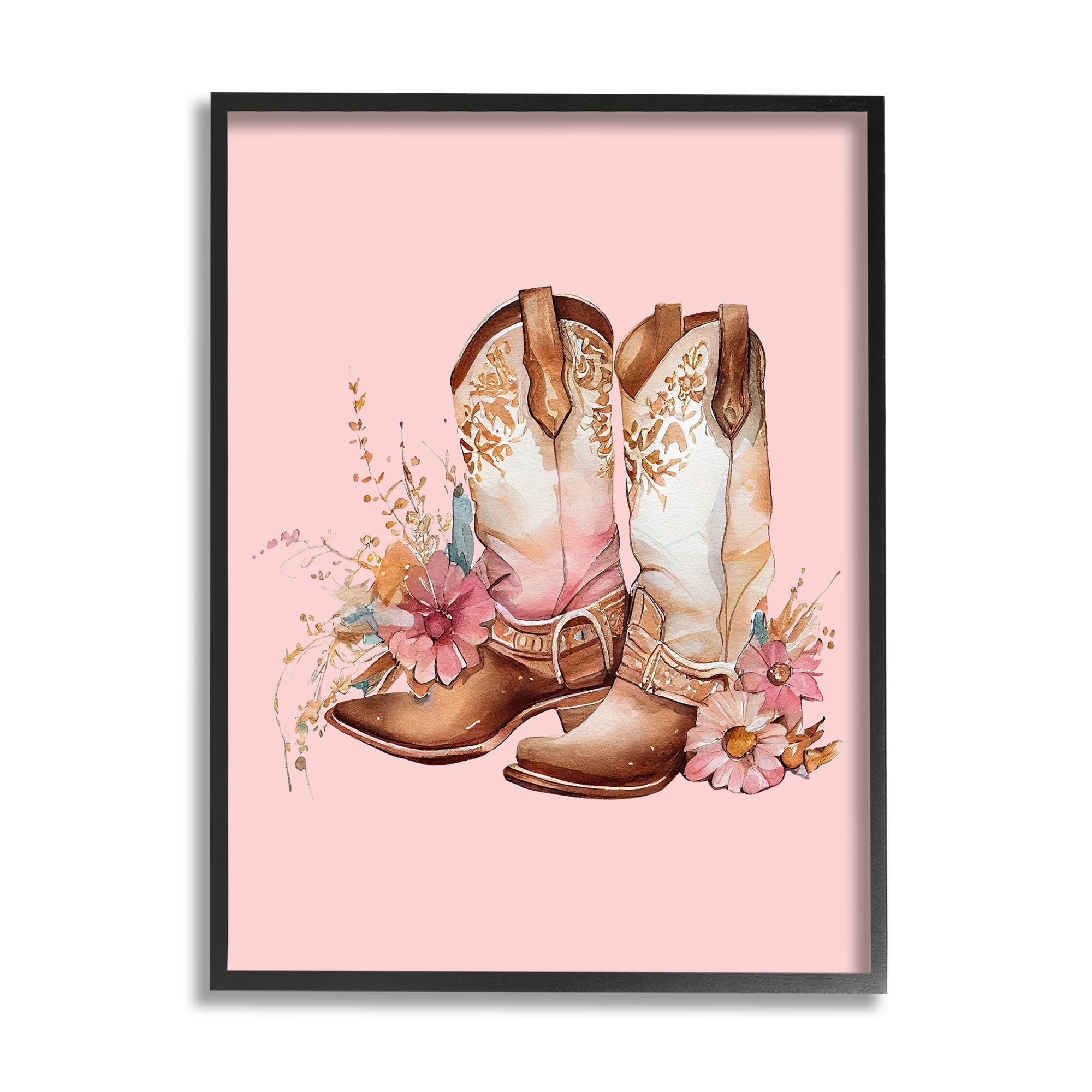 Stupell Industries Floral Pink Cowgirl Boots Beauty & Fashion Painting Black Framed Art Print Wall Art, 16 x 20