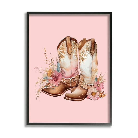 Stupell Industries Floral Pink Cowgirl Boots Beauty & Fashion Painting Black Framed Art Print Wall Art, 24 x 30