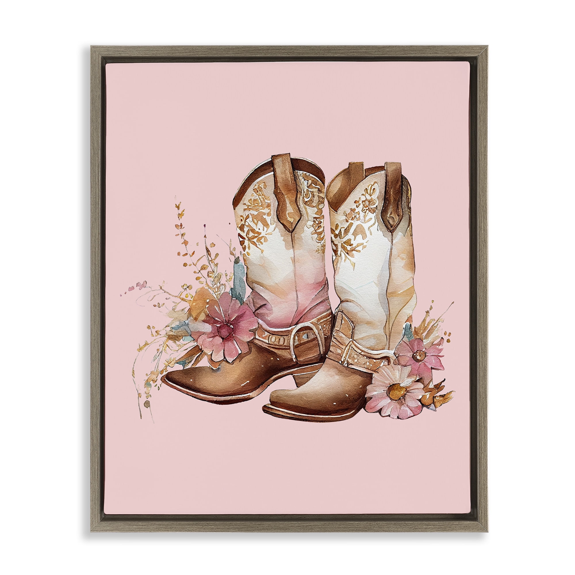 Stupell Industries Floral Pink Cowgirl Boots Beauty & Fashion Painting Brown Floater Framed Canvas Art Print Wall Art, 17 x 21