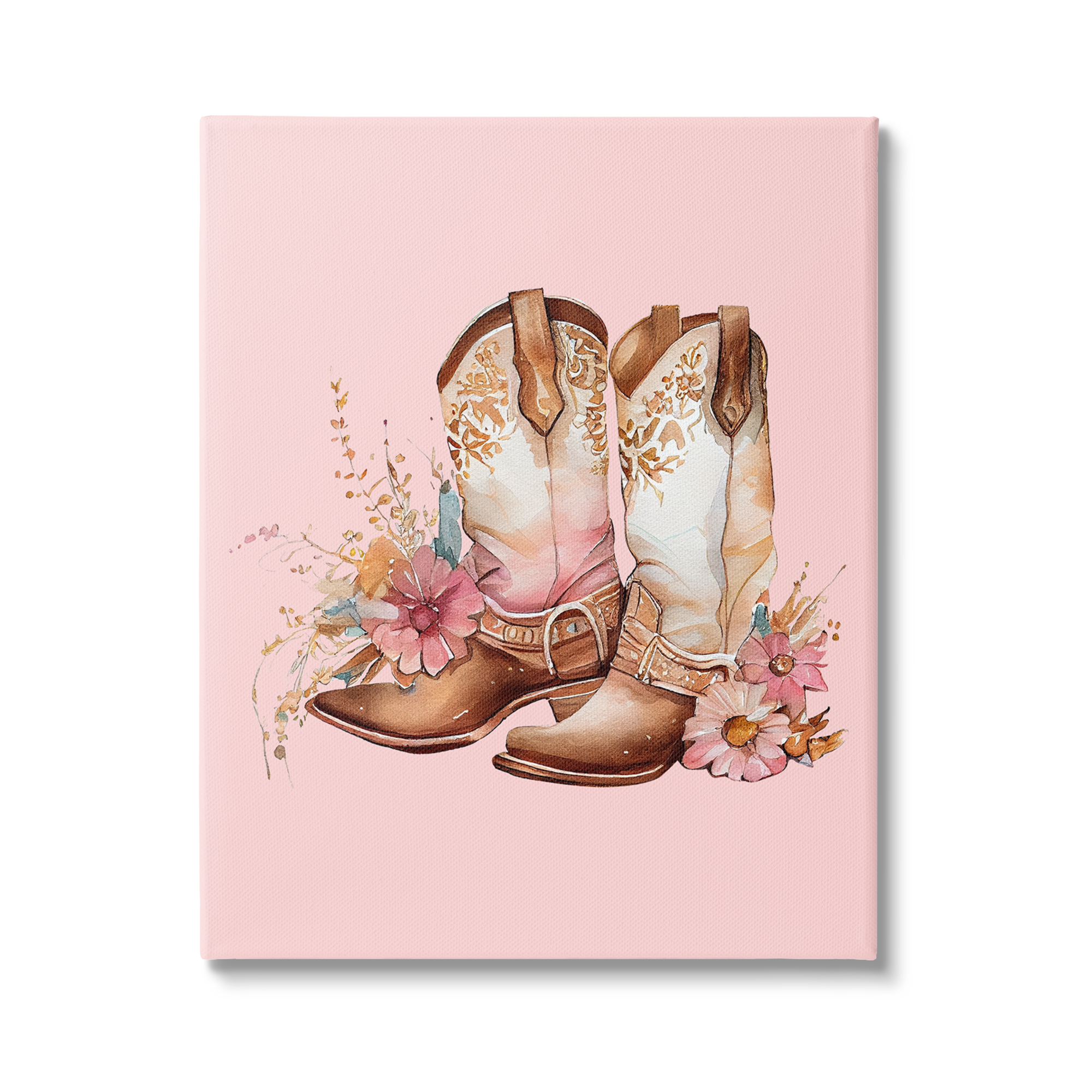 Stupell Industries Floral Pink Cowgirl Boots Beauty & Fashion Painting Gallery Wrapped Canvas Art Print Wall Art, 16 x 20