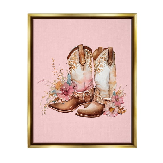Stupell Industries Floral Pink Cowgirl Boots Beauty & Fashion Painting Gold Floater Framed Canvas Art Print Wall Art, 17 x 21