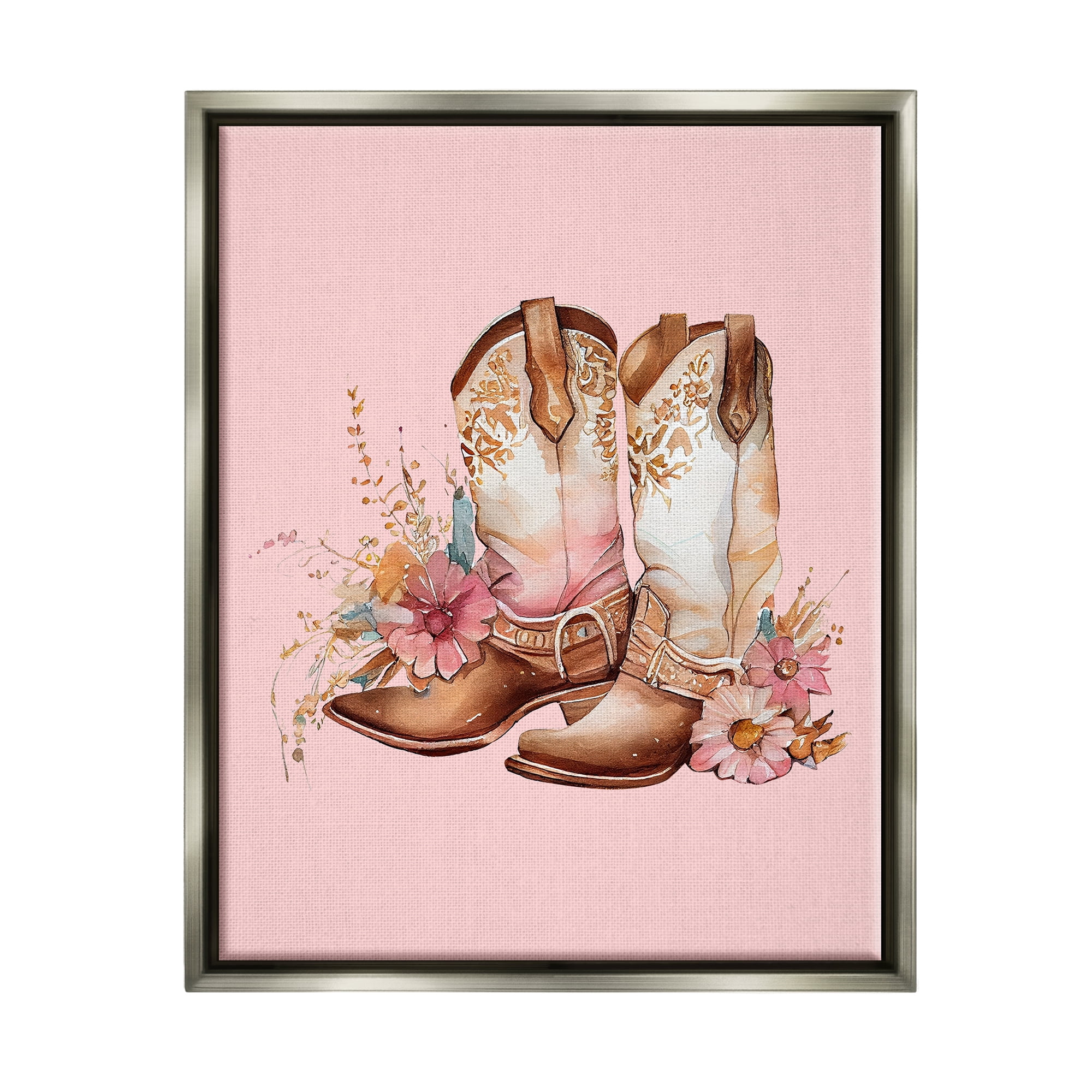Stupell Industries Floral Pink Cowgirl Boots Beauty & Fashion Painting Gray Floater Framed Canvas Art Print Wall Art, 25 x 31