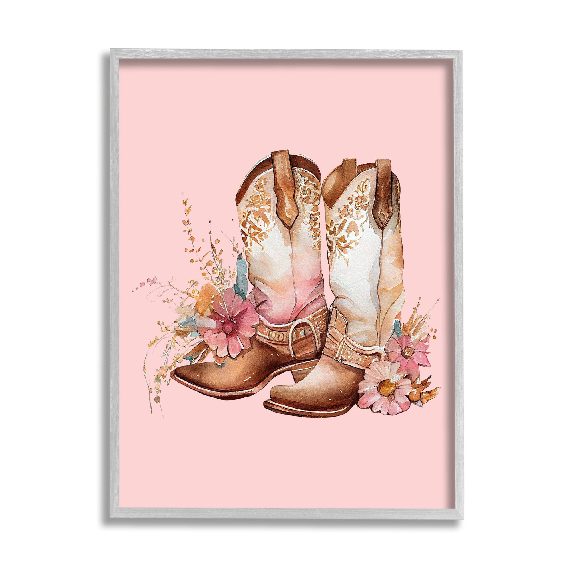 Stupell Industries Floral Pink Cowgirl Boots Beauty & Fashion Painting Gray Framed Art Print Wall Art, 24 x 30