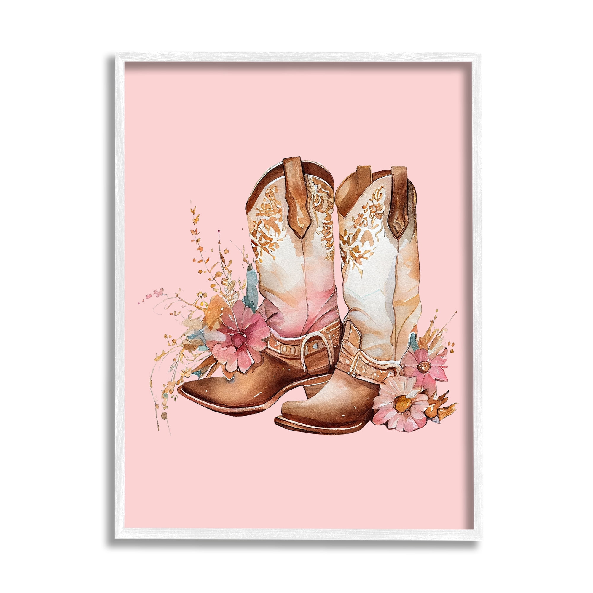 Stupell Industries Floral Pink Cowgirl Boots Beauty & Fashion Painting White Framed Art Print Wall Art, 11 x 14
