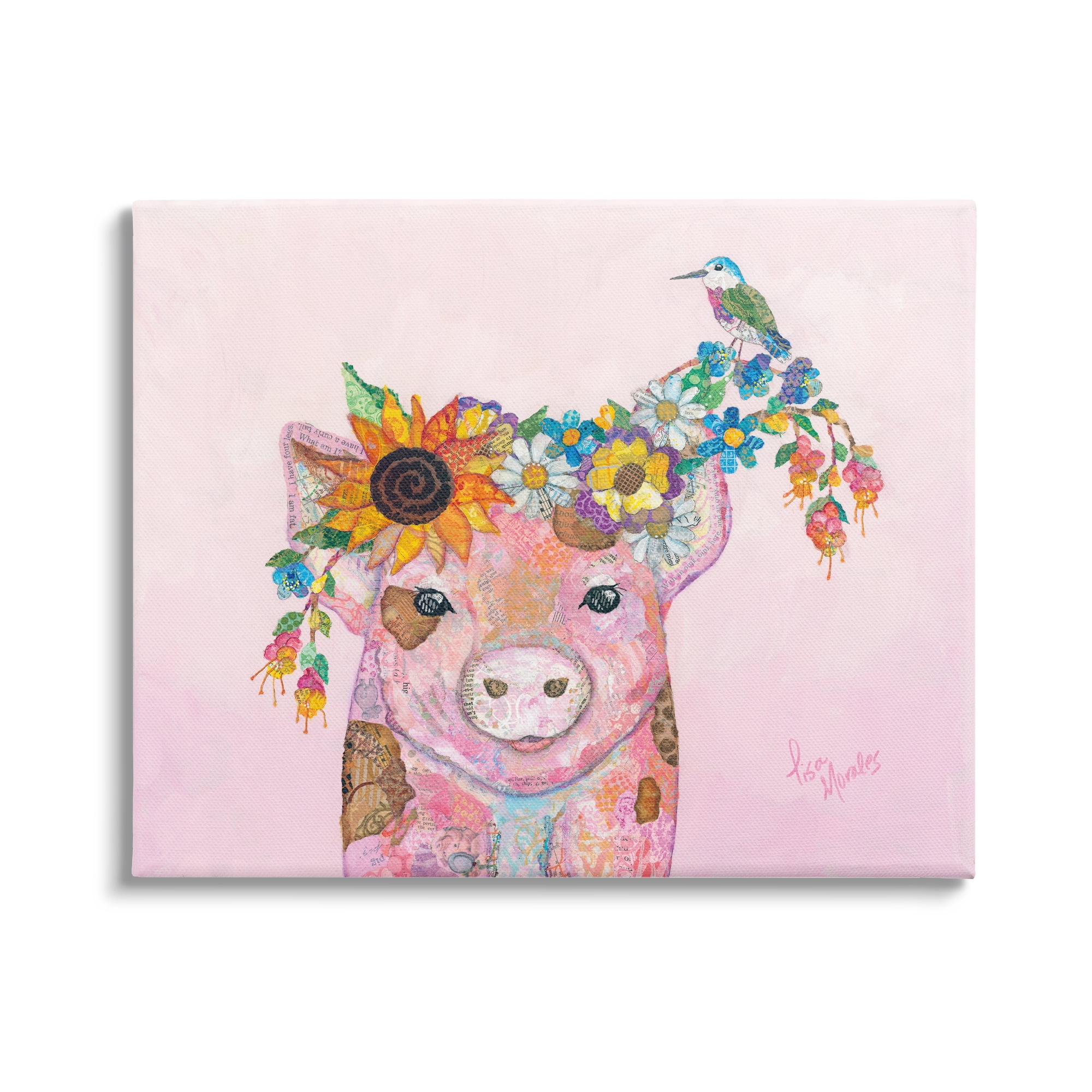 Stupell Industries Floral Pink Little Piggy & Bird Animal Collage Painting Gallery Wrapped Canvas Print Wall Art, Design by Lisa Morales