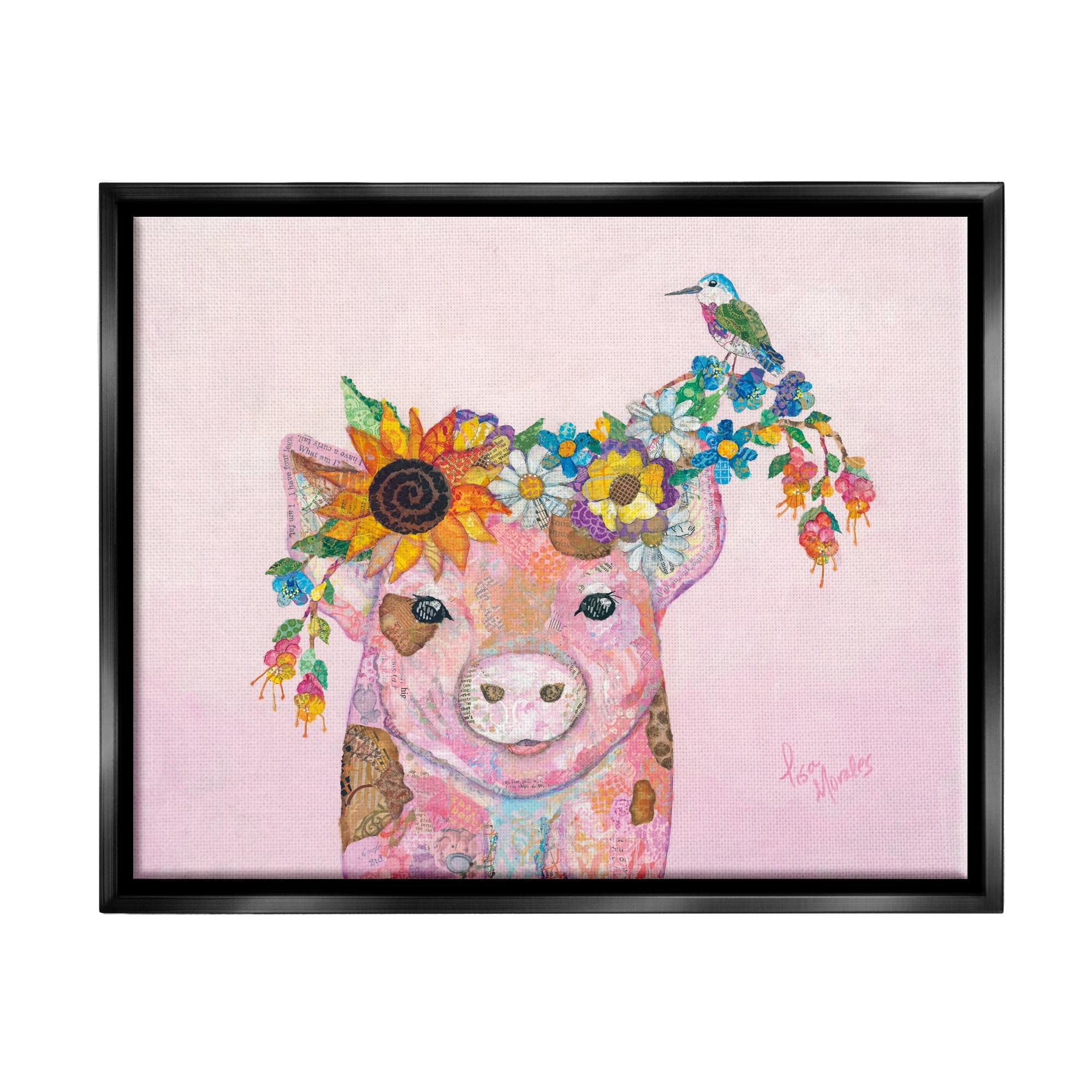 Stupell Industries Floral Pink Little Piggy & Bird Animal Collage Painting Jet Black Floating Framed Canvas Print Wall Art, Design by Lisa Morales