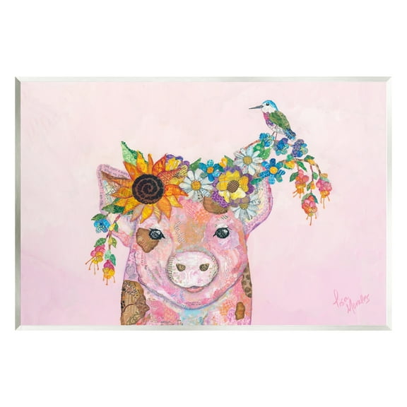 Stupell Industries Floral Pink Little Piggy & Bird Animal Collage Painting Unframed Art Print Wall Art, Design by Lisa Morales