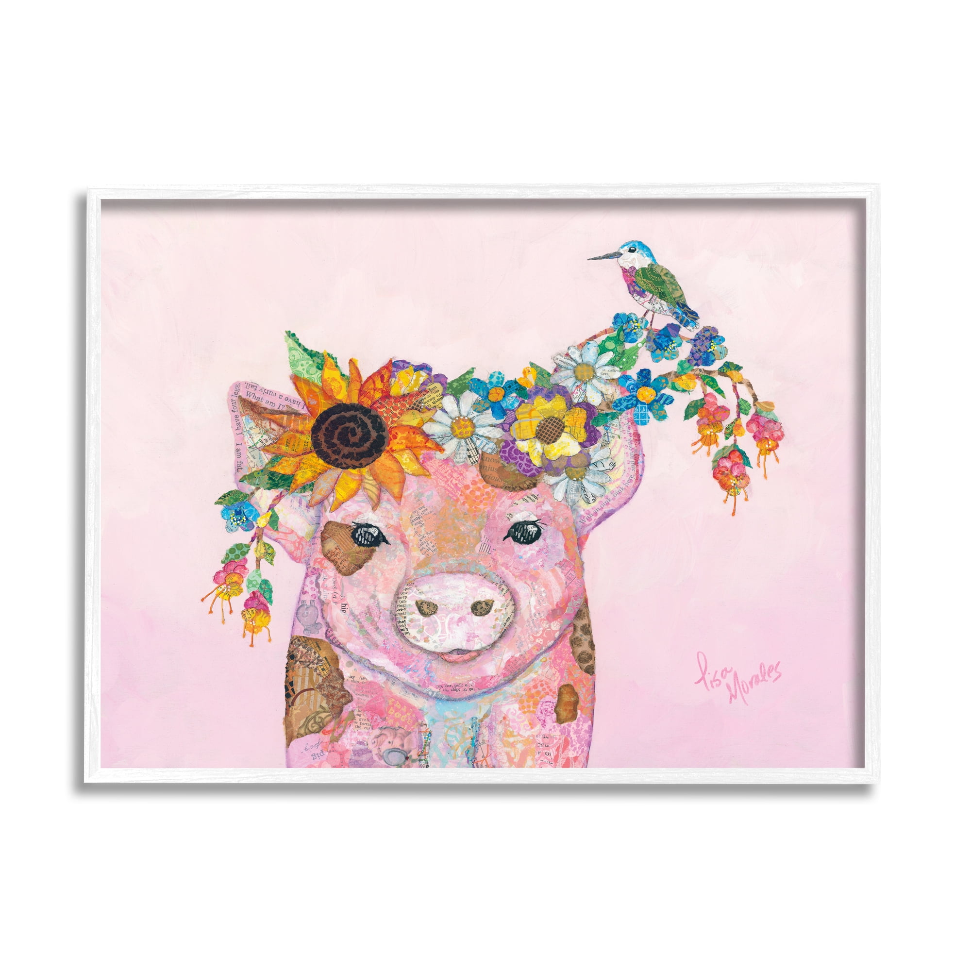Stupell Industries Floral Pink Little Piggy & Bird Animal Collage Painting White Framed Art Print Wall Art, Design by Lisa Morales