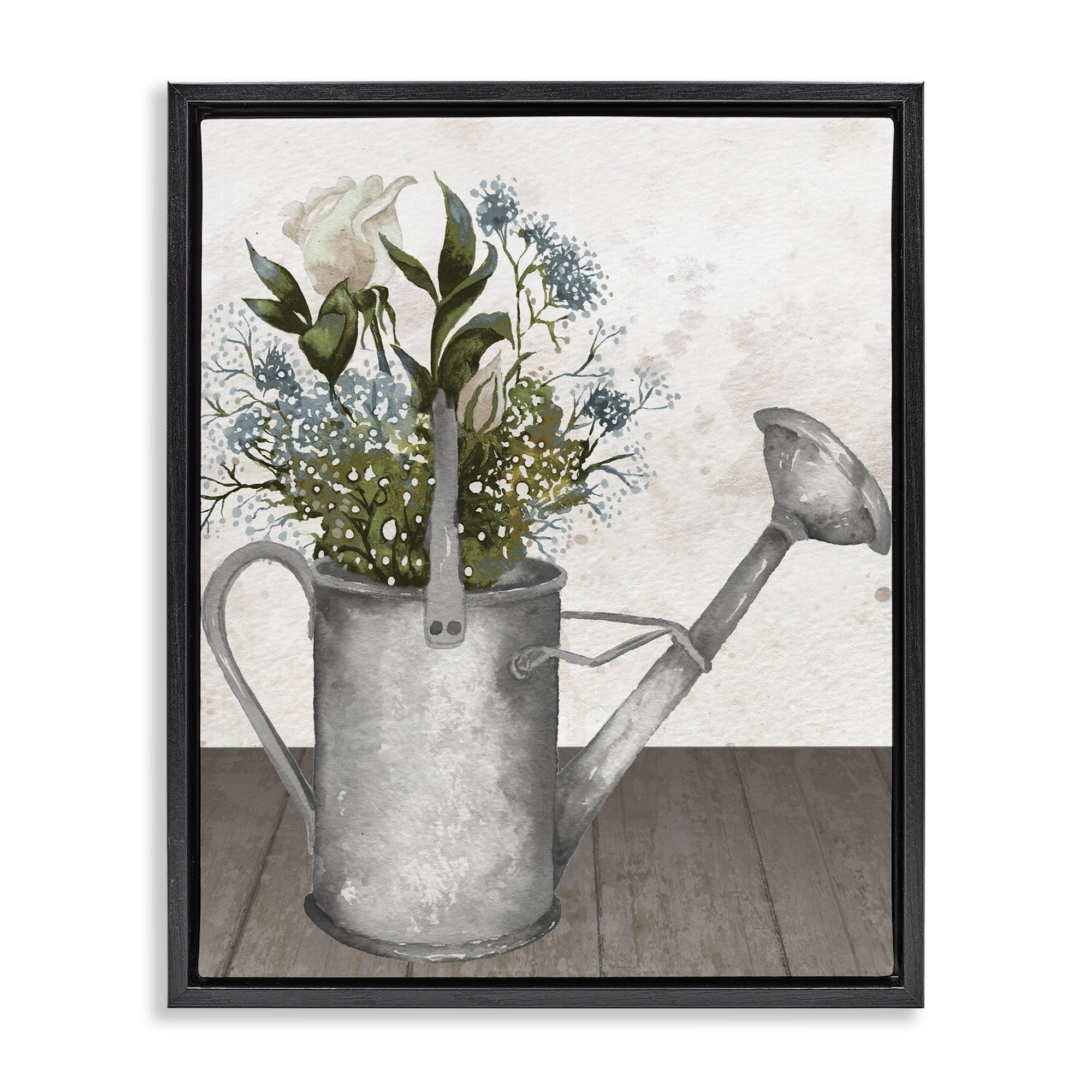 Stupell Industries Floral Pitcher Watering Can Black Framed Floater Canvas Wall Art, design by Elizabeth Medley