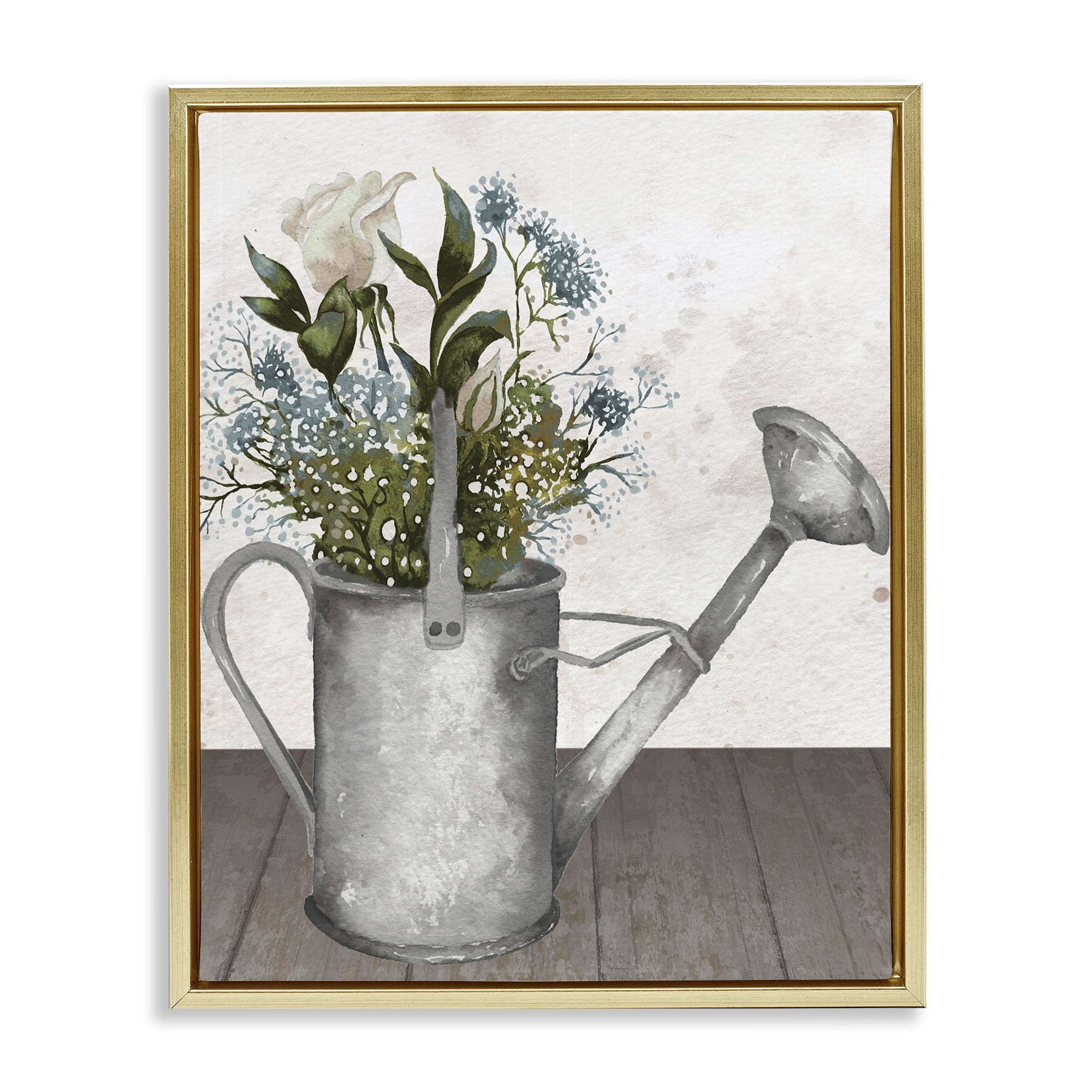 Stupell Industries Floral Pitcher Watering Can Gold Framed Floater Canvas Wall Art, design by Elizabeth Medley