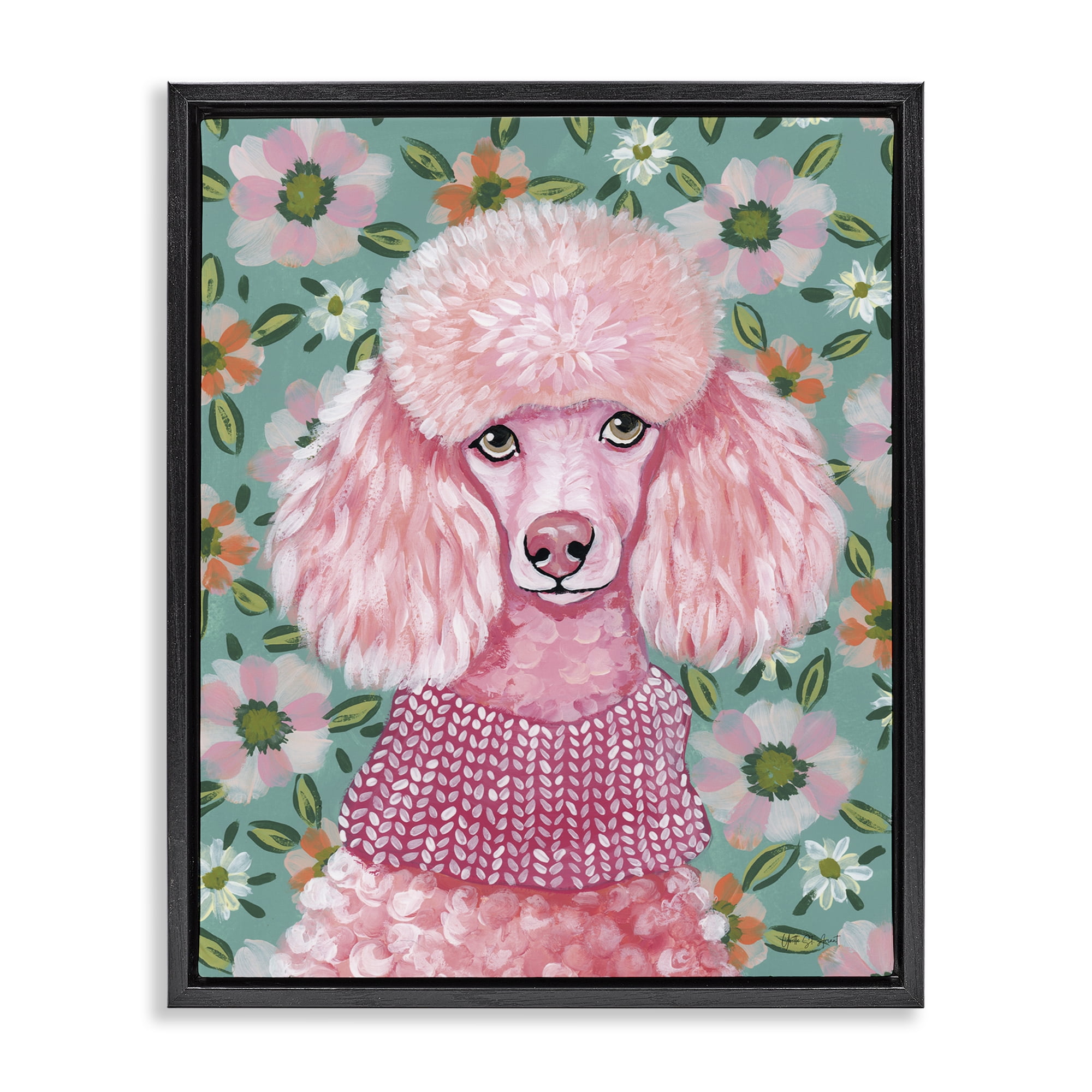 Stupell Industries Floral Poodle In Pink Black Framed Floater Canvas Wall Art, design by Yvette St. Amant