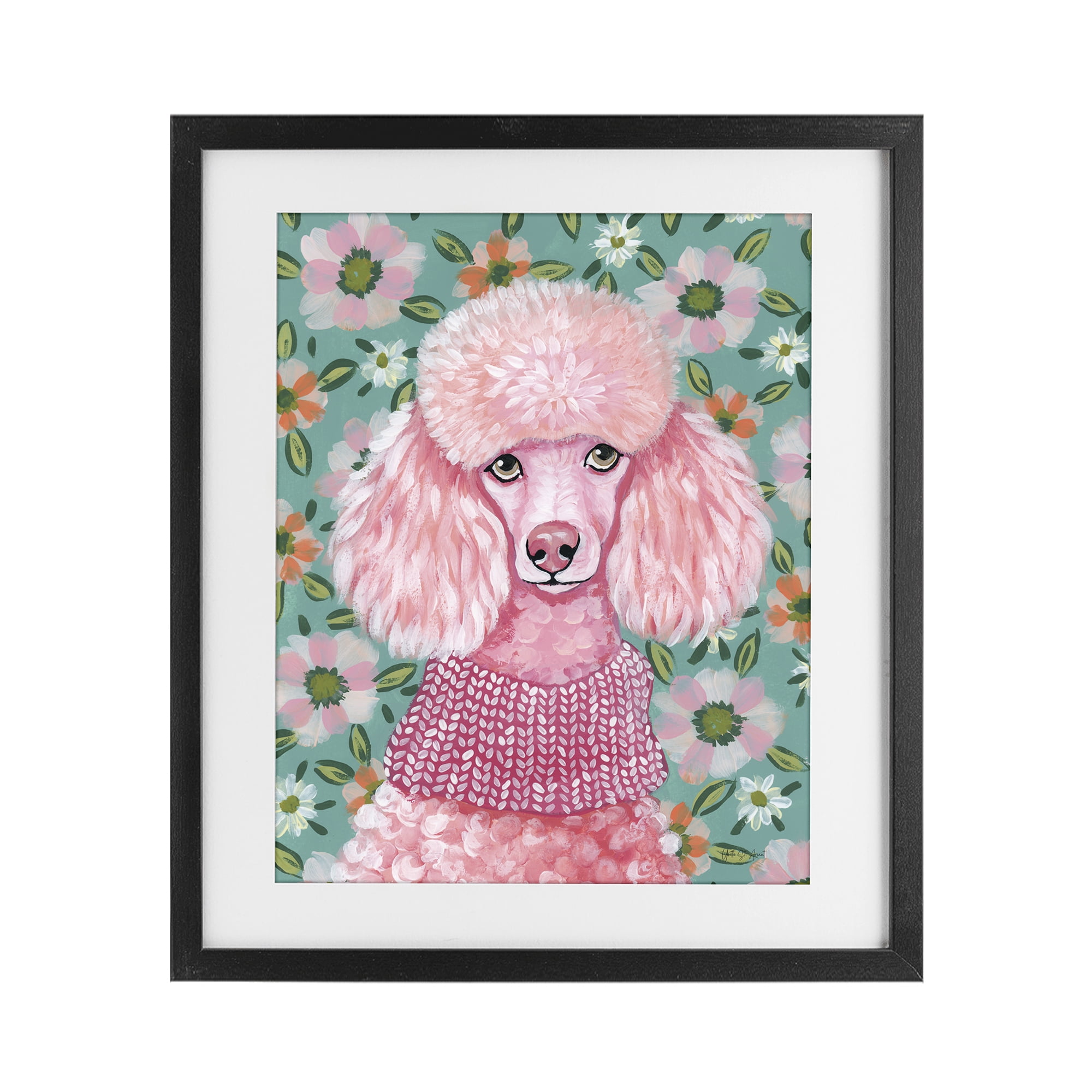Stupell Industries Floral Poodle In Pink Black Framed Print Under Glass, design by Yvette St. Amant