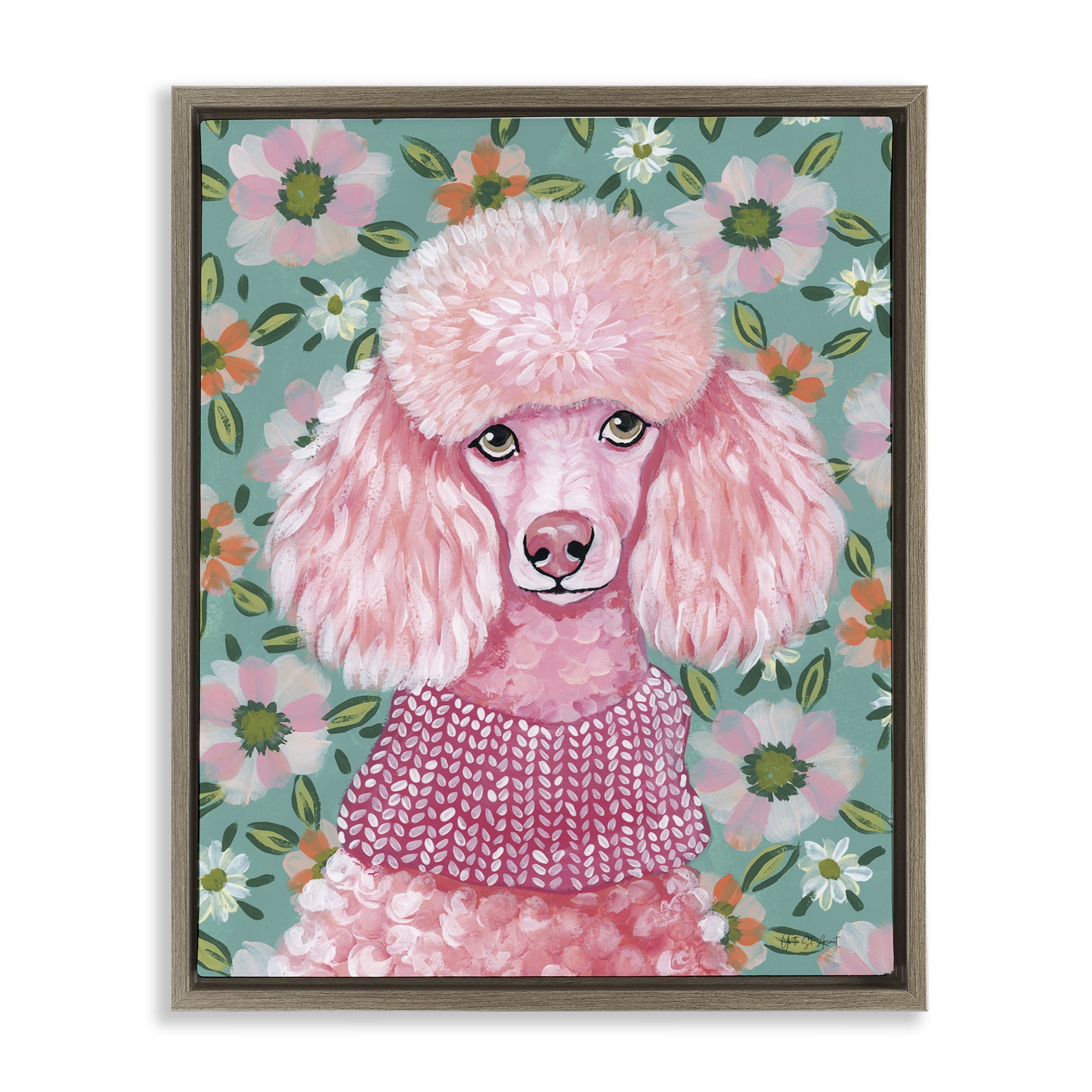 Stupell Industries Floral Poodle In Pink Brown Framed Floater Canvas Wall Art, design by Yvette St. Amant