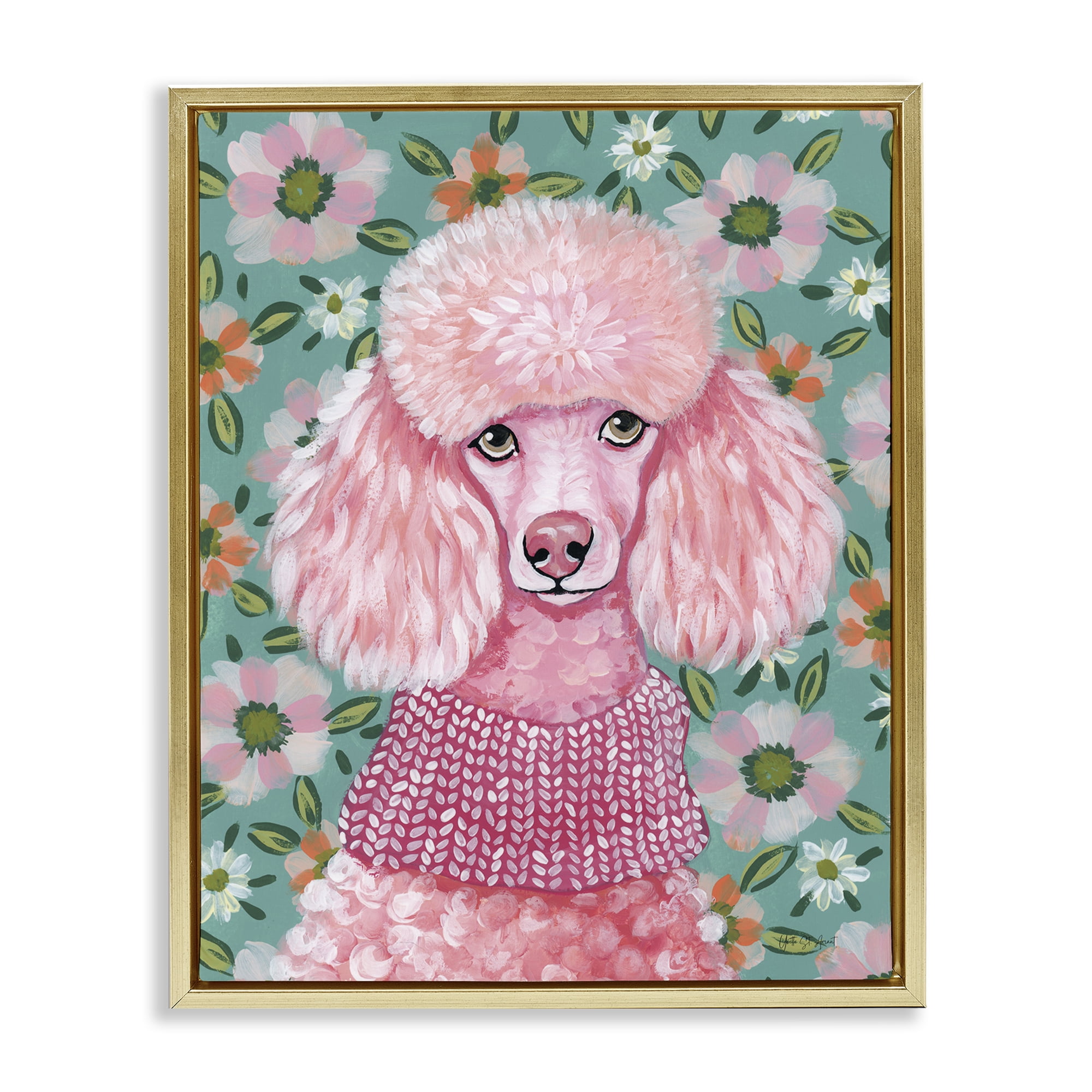 Stupell Industries Floral Poodle In Pink Gold Framed Floater Canvas Wall Art, design by Yvette St. Amant