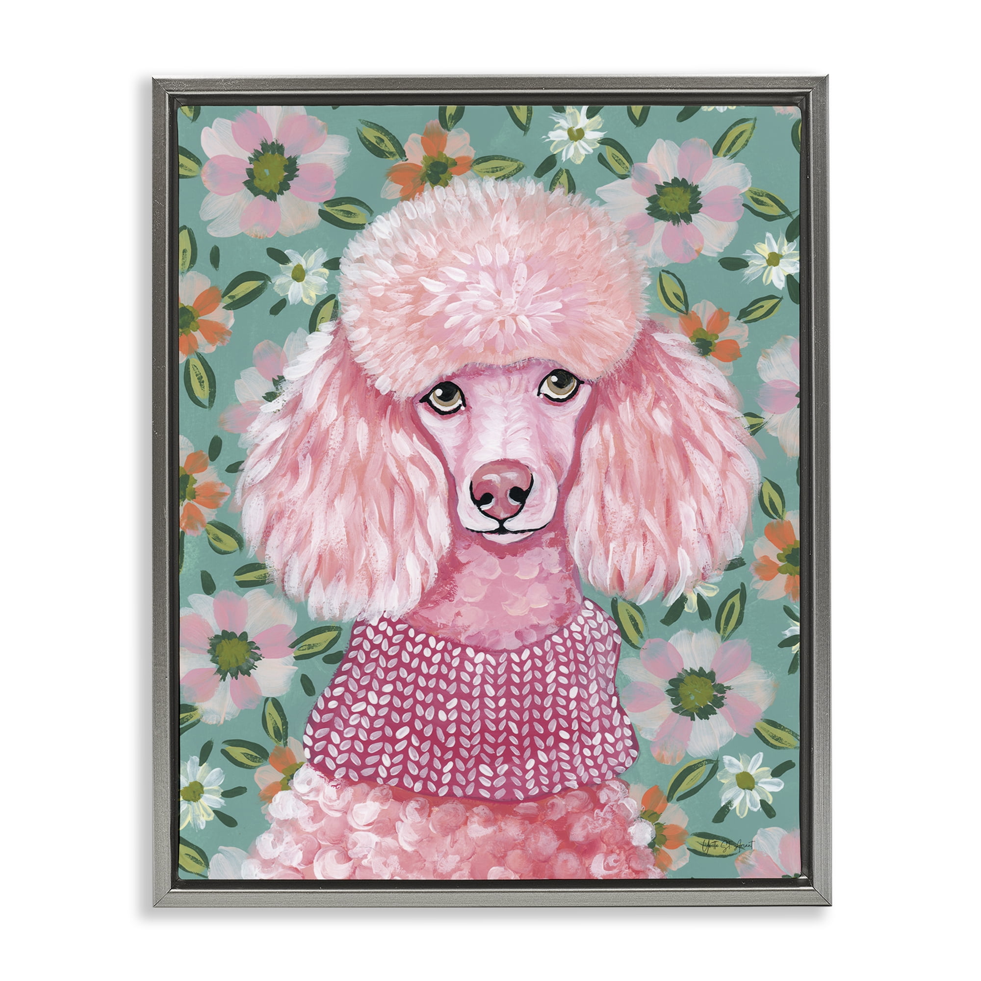 Stupell Industries Floral Poodle In Pink Gray Framed Floater Canvas Wall Art, design by Yvette St. Amant