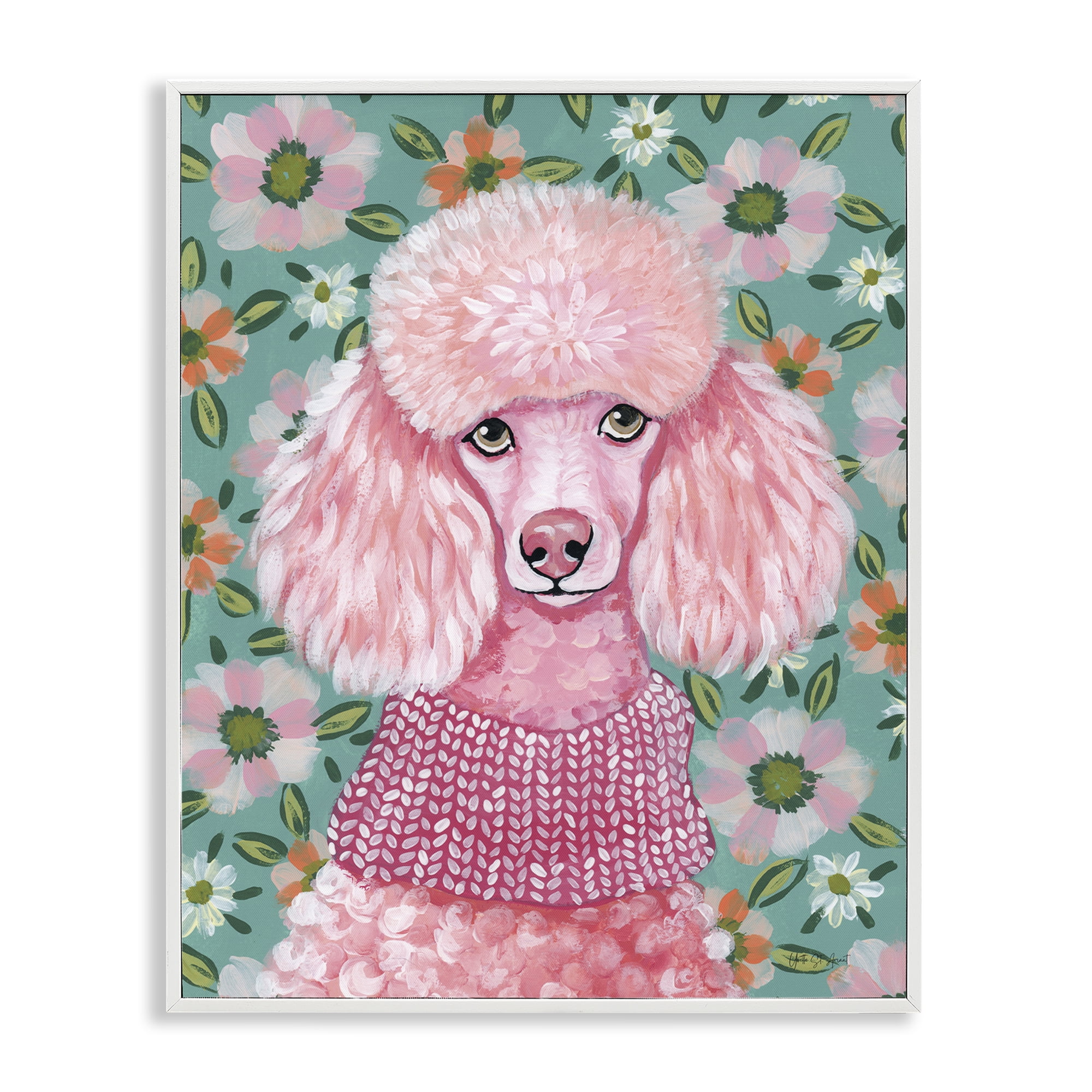 Stupell Industries Floral Poodle In Pink White Framed Giclee Art, design by Yvette St. Amant
