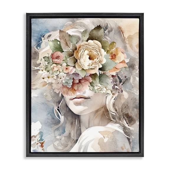 Stupell Industries Floral Portrait of Girl Botanical & Floral Painting Black Floater Framed Canvas Art Print Wall Art, 17 x 21