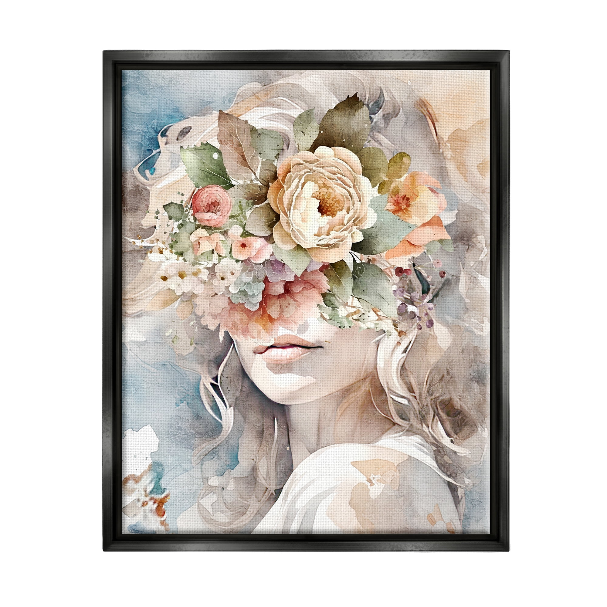 Stupell Industries Floral Portrait of Girl Botanical & Floral Painting Black Floater Framed Canvas Art Print Wall Art, 25 x 31