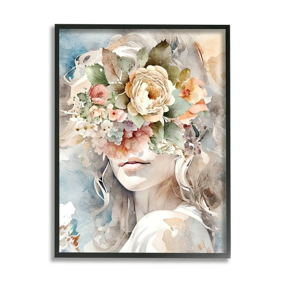 Stupell Industries Floral Portrait of Girl Botanical & Floral Painting Black Framed Art Print Wall Art, 24 x 30