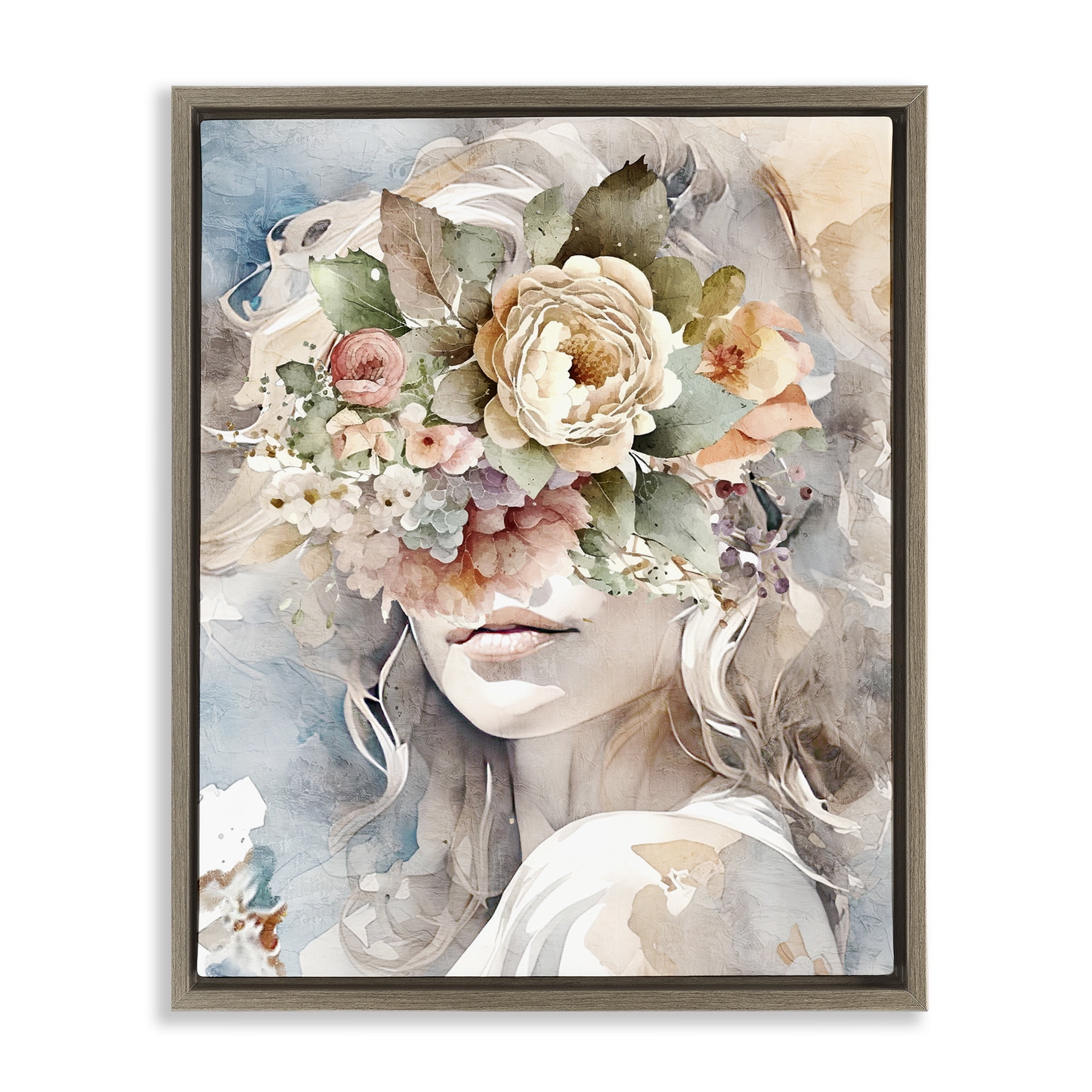Stupell Industries Floral Portrait of Girl Botanical & Floral Painting Brown Floater Framed Canvas Art Print Wall Art, 25 x 31