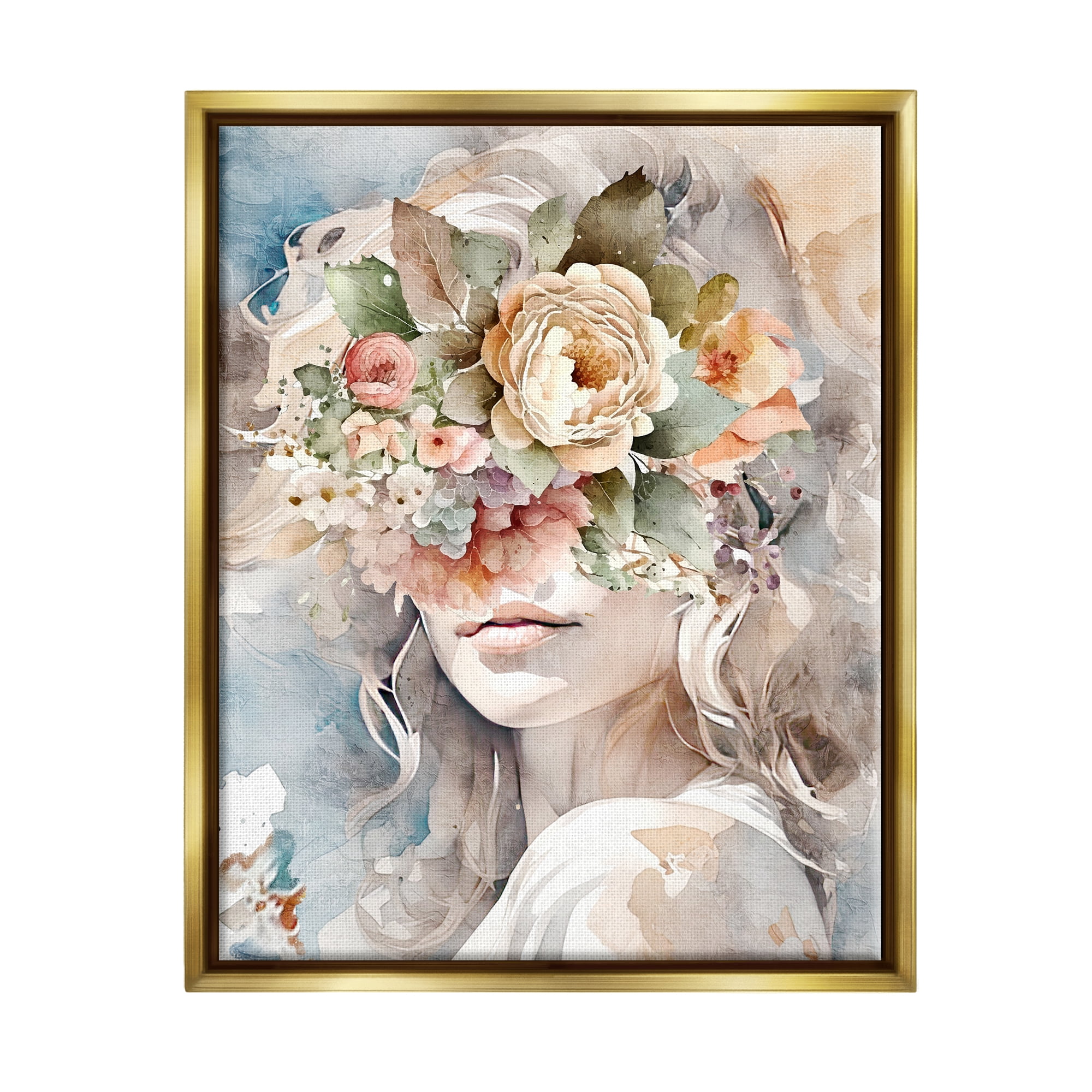 Stupell Industries Floral Portrait of Girl Botanical & Floral Painting Gold Floater Framed Canvas Art Print Wall Art, 25 x 31