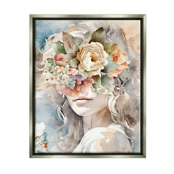 Stupell Industries Floral Portrait of Girl Botanical & Floral Painting Gray Floater Framed Canvas Art Print Wall Art, 17 x 21