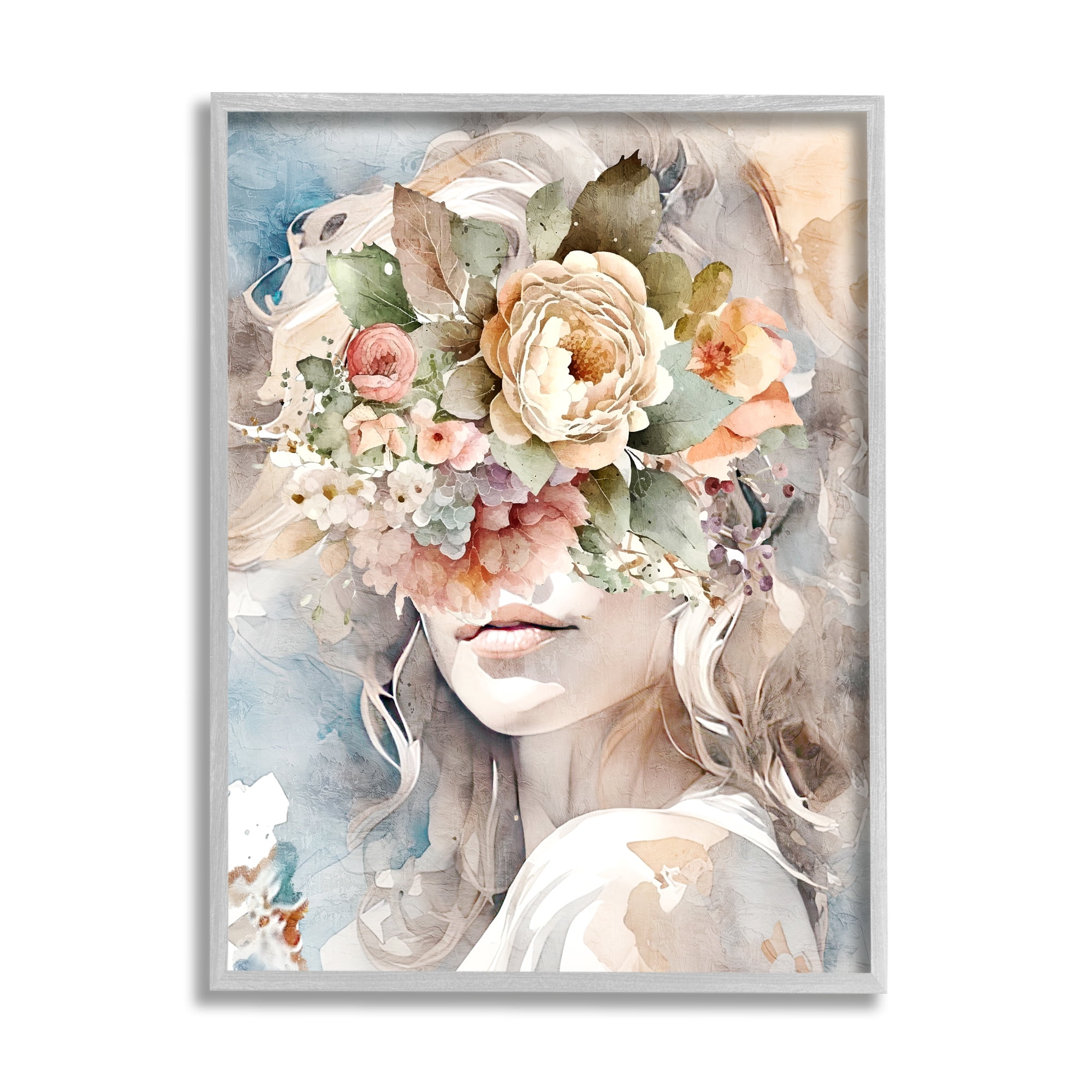 Stupell Industries Floral Portrait of Girl Botanical & Floral Painting Gray Framed Art Print Wall Art, 11 x 14